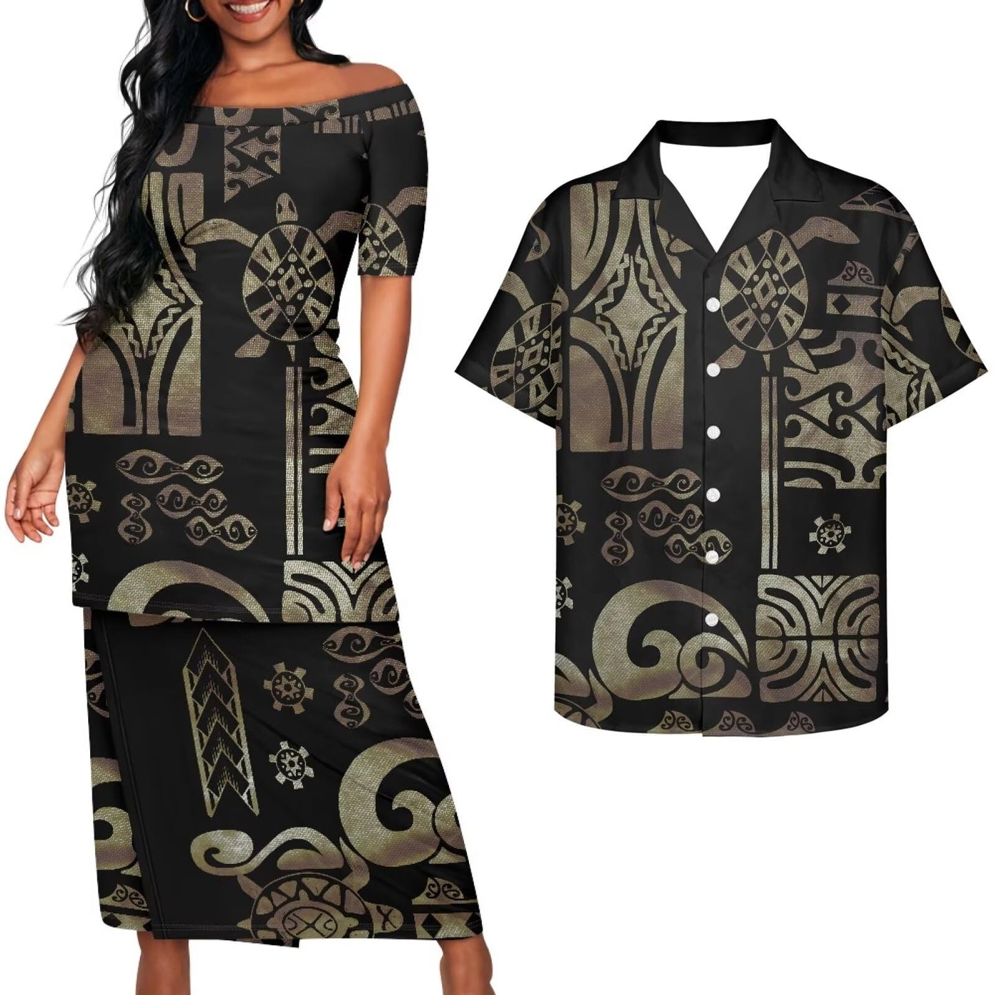 Samoa Couple Outfit Puletasi Samoa Dress Polynesian Shirts for Men Puletasi Samoan Traditional Dress Hawaiian - Hawaiian Flair