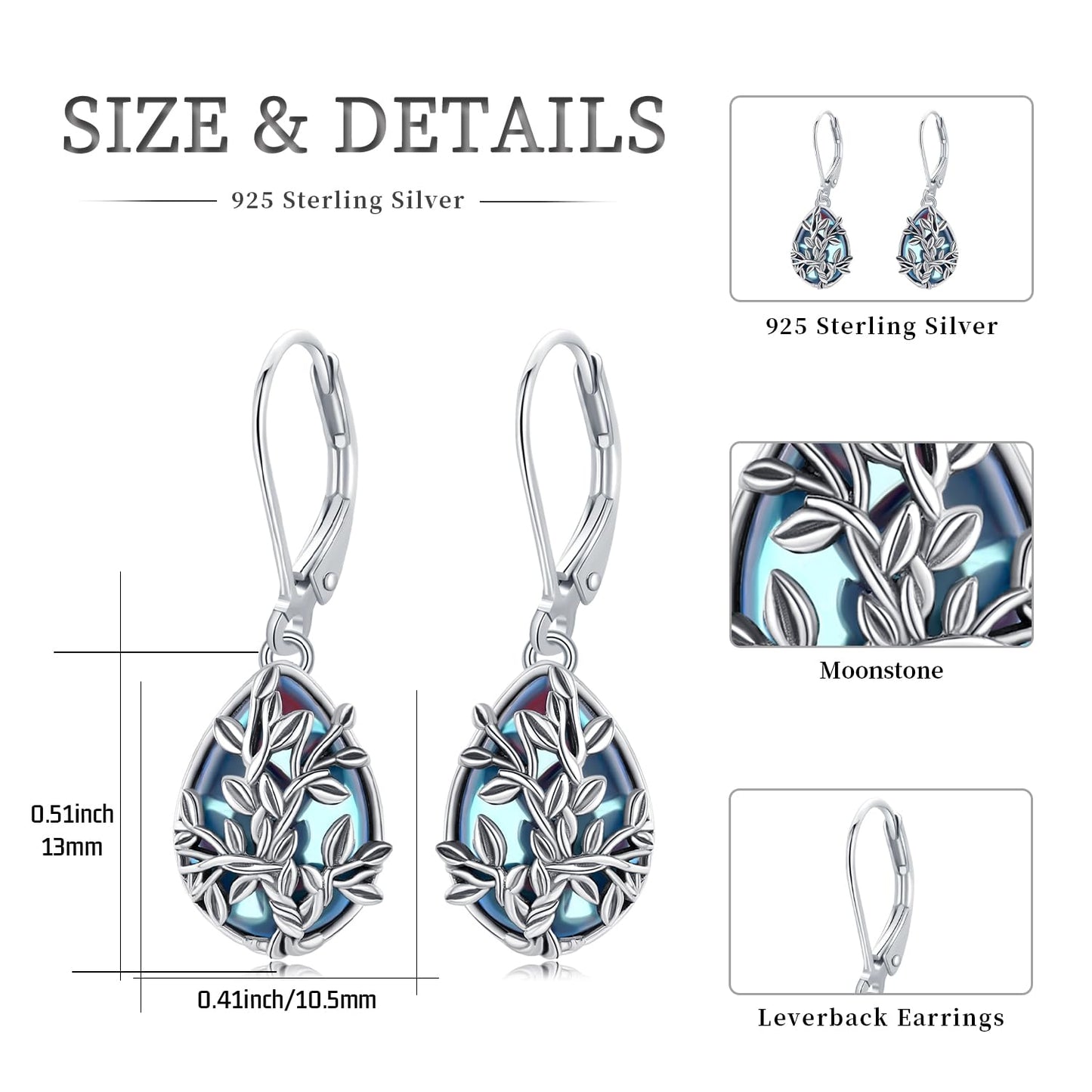 Moonstone Earrings 925 Sterling Silver Flower Teardrop Leverback Dangle Earrings Jewelry Gifts for Women Girls - Hawaiian Flair