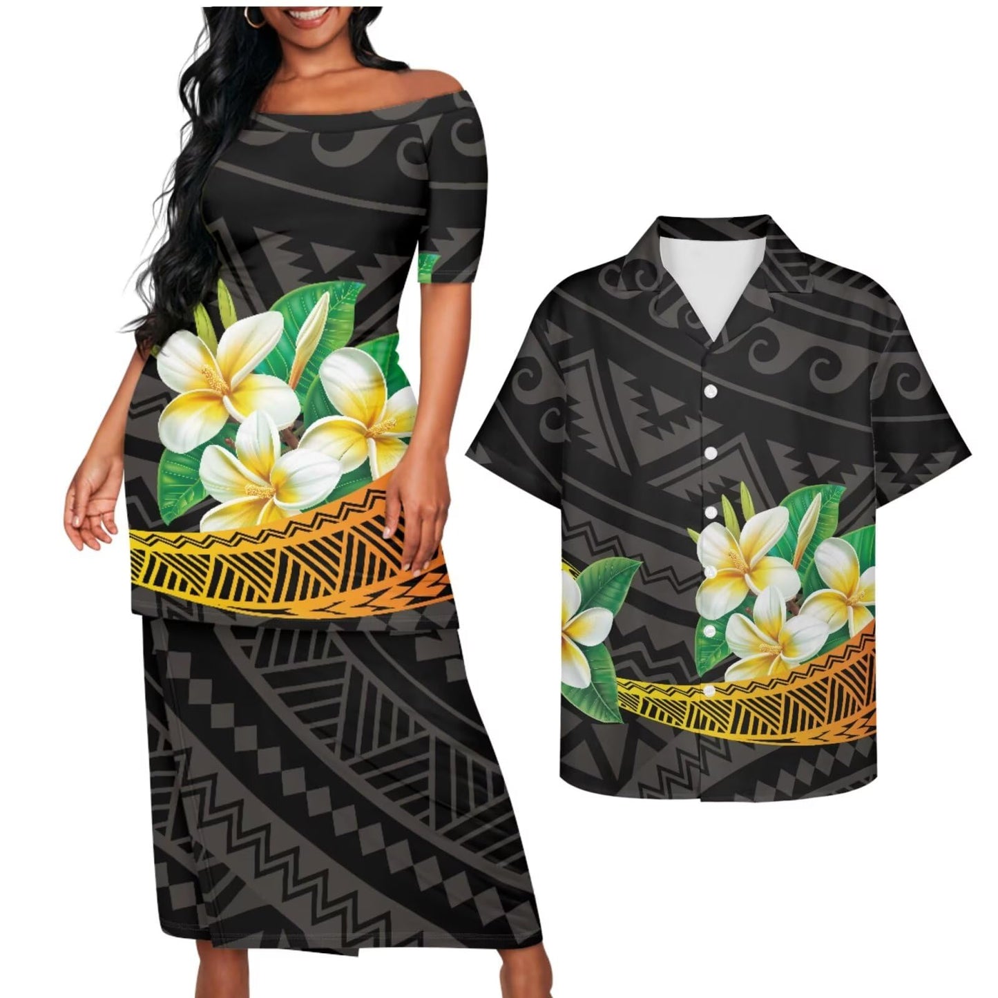 Samoa Couple Outfit Puletasi Samoa Dress Polynesian Shirts for Men Puletasi Samoan Traditional Dress Hawaiian - Hawaiian Flair