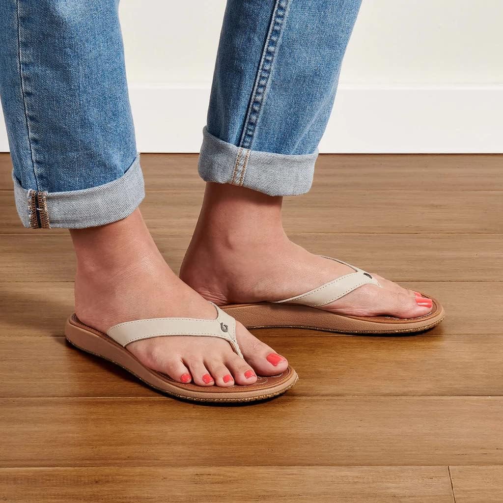 OLUKAI Paniolo Women's Beach Sandals, Distressed Full-Grain Leather Flip-Flop Slides, Wet Grip Soles, Compression Molded Footbed - Hawaiian Flair
