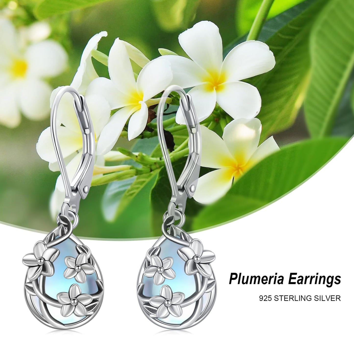 Moonstone Earrings 925 Sterling Silver Flower Teardrop Leverback Dangle Earrings Jewelry Gifts for Women Girls - Hawaiian Flair