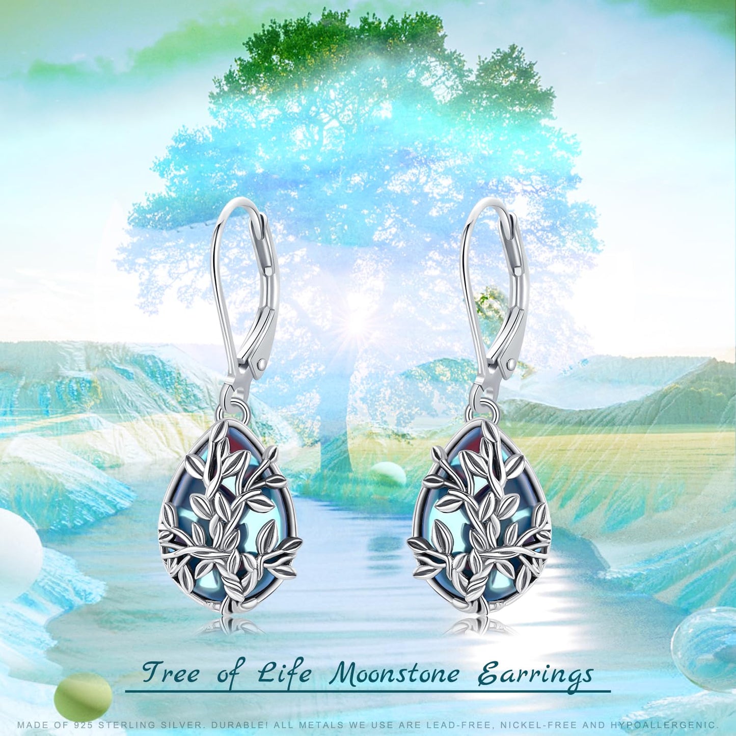 Moonstone Earrings 925 Sterling Silver Flower Teardrop Leverback Dangle Earrings Jewelry Gifts for Women Girls - Hawaiian Flair