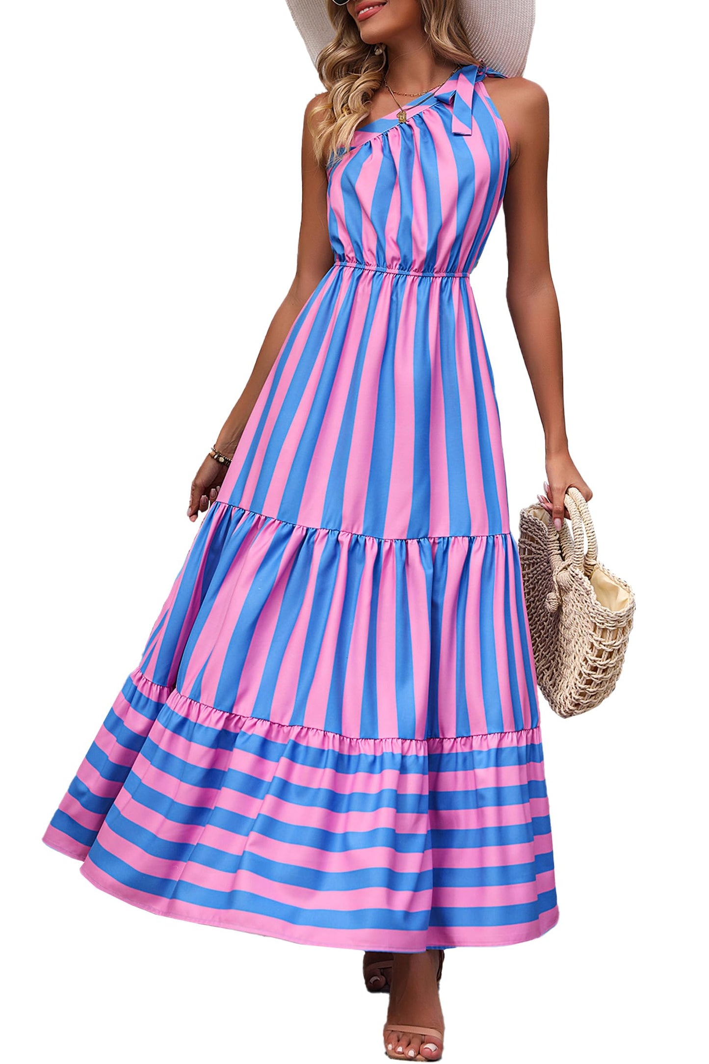 PRETTYGARDEN Women's Summer Floral Maxi Dress Knot One Shoulder Sleeveless Ruffle Flowy Boho Beach Wedding Guest Dresses - Hawaiian Flair