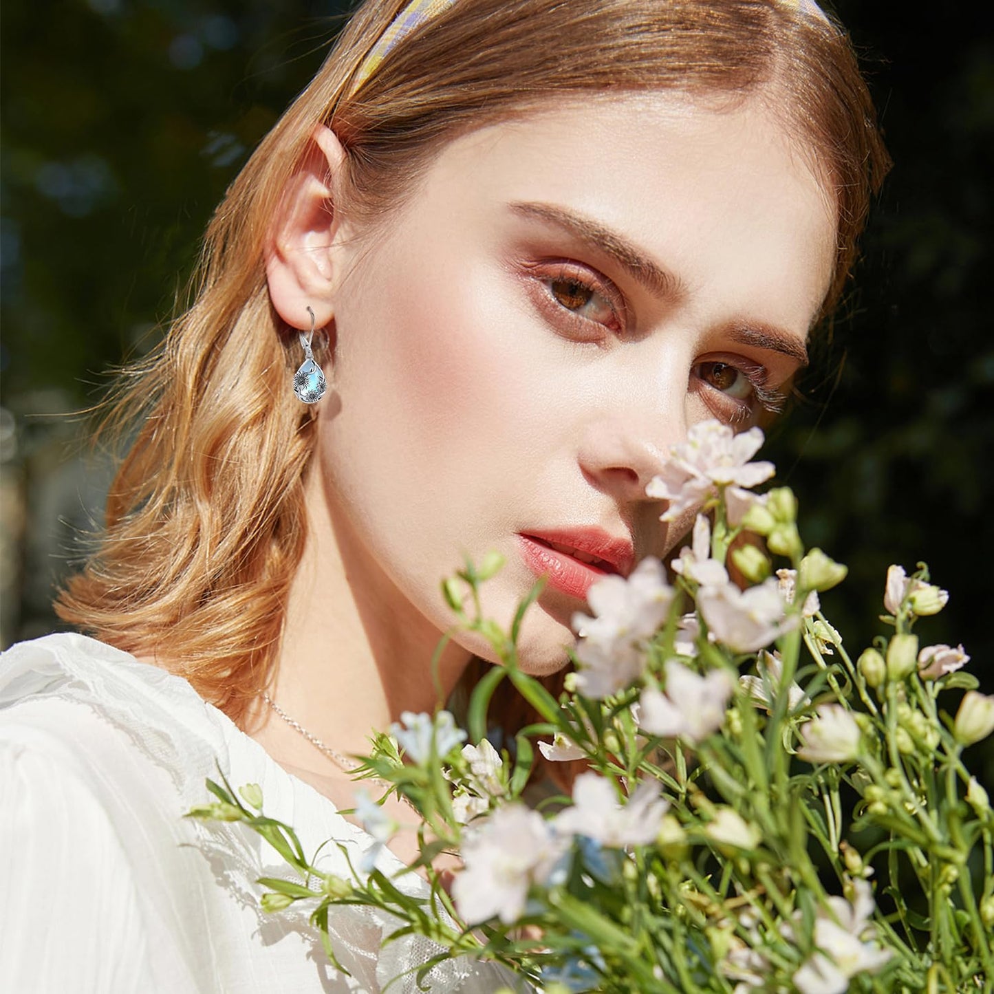 Moonstone Earrings 925 Sterling Silver Flower Teardrop Leverback Dangle Earrings Jewelry Gifts for Women Girls - Hawaiian Flair