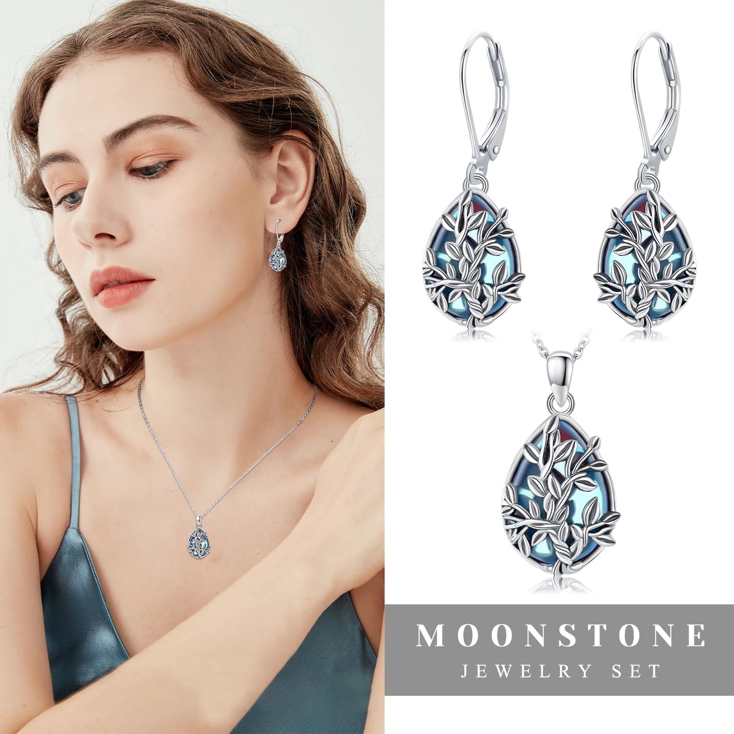 Moonstone Earrings 925 Sterling Silver Flower Teardrop Leverback Dangle Earrings Jewelry Gifts for Women Girls - Hawaiian Flair