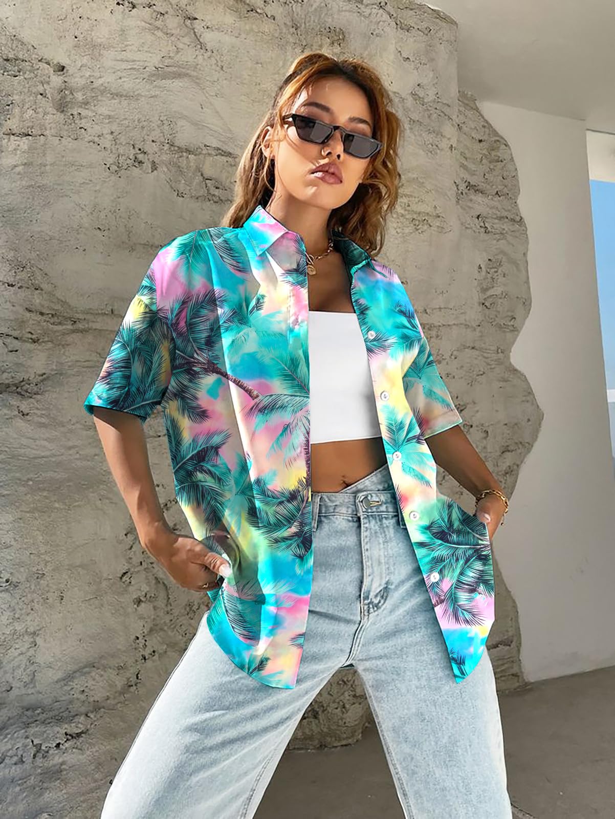 Women Hawaiian Shirt Soft Cool Summer Hawaii Tshirts Beach Tropic Print V Neck Button up Tops Floral Short Sleeve Tops - Hawaiian Flair