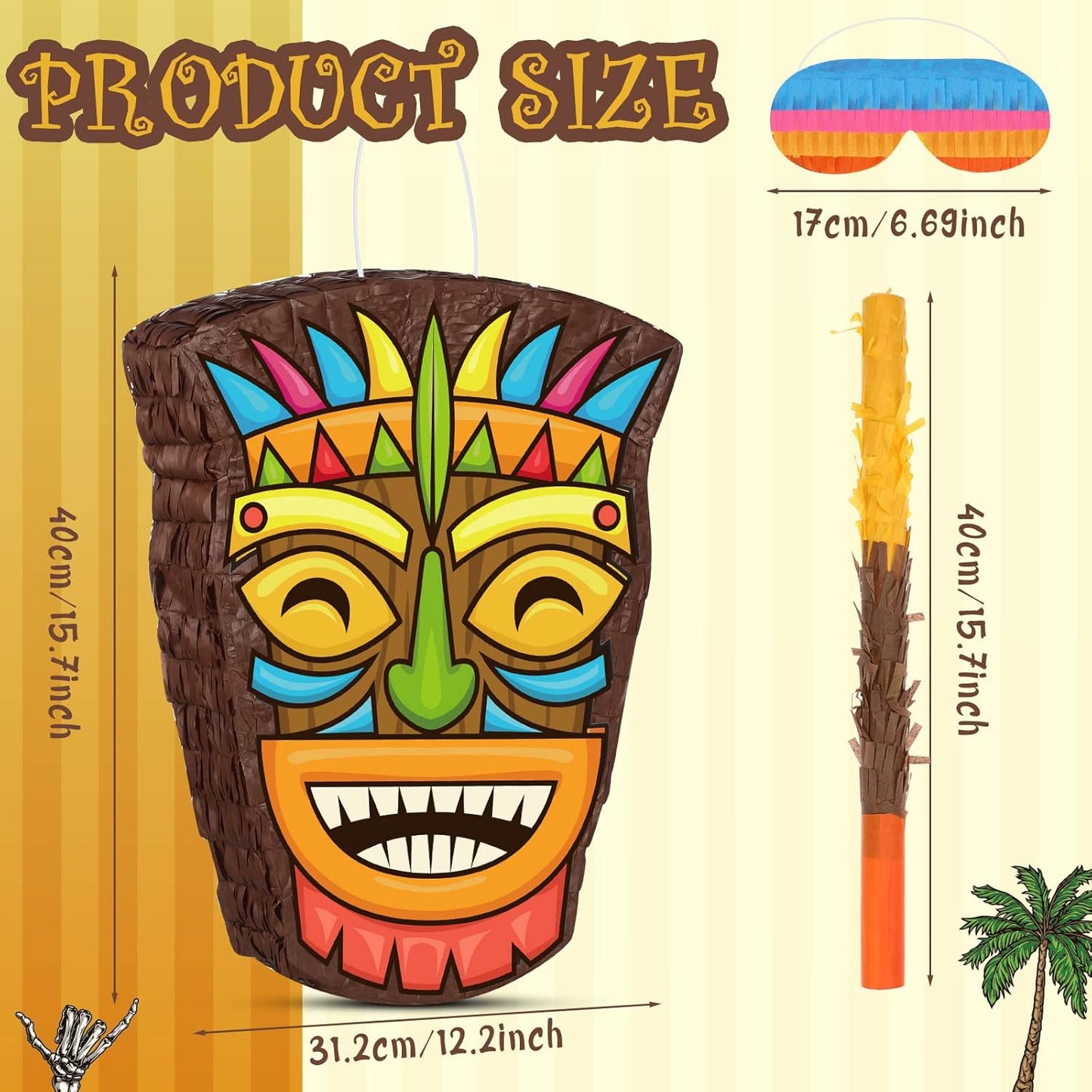 Threan Small Tiki Tropical Hawaii Piñata with Blindfold Bat Aloha Luau Piñata for Hawaiian Luau Themed Party Decoration Summer Birthday Party Supplies, 15.7 x 3.1 x 12.2 Inch