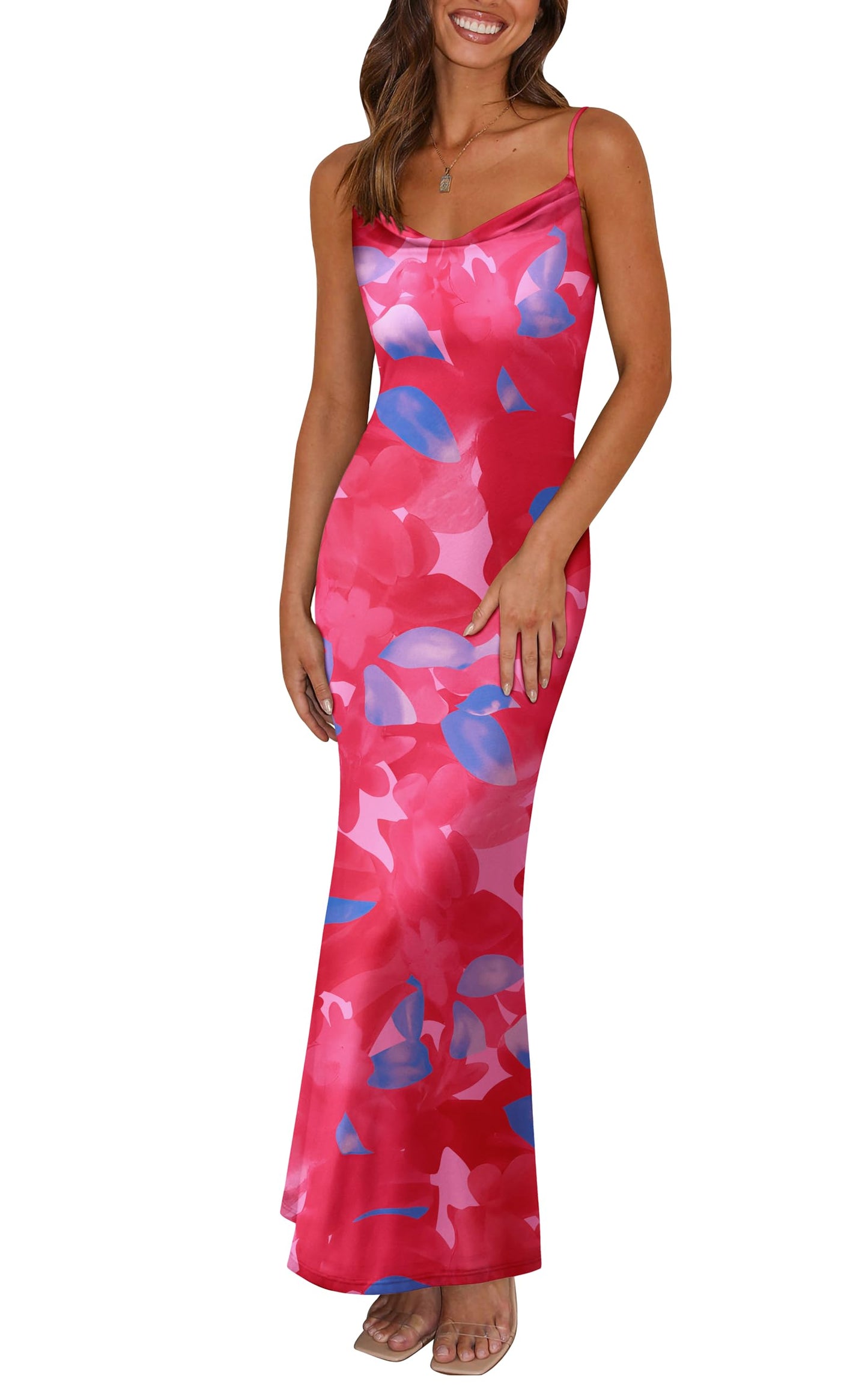 PRETTYGARDEN Women's 2025 Summer Floral Spaghetti Strap Maxi Dress Stretch Sexy Bodycon Dress Backless Slip Long Dresses - Hawaiian Flair