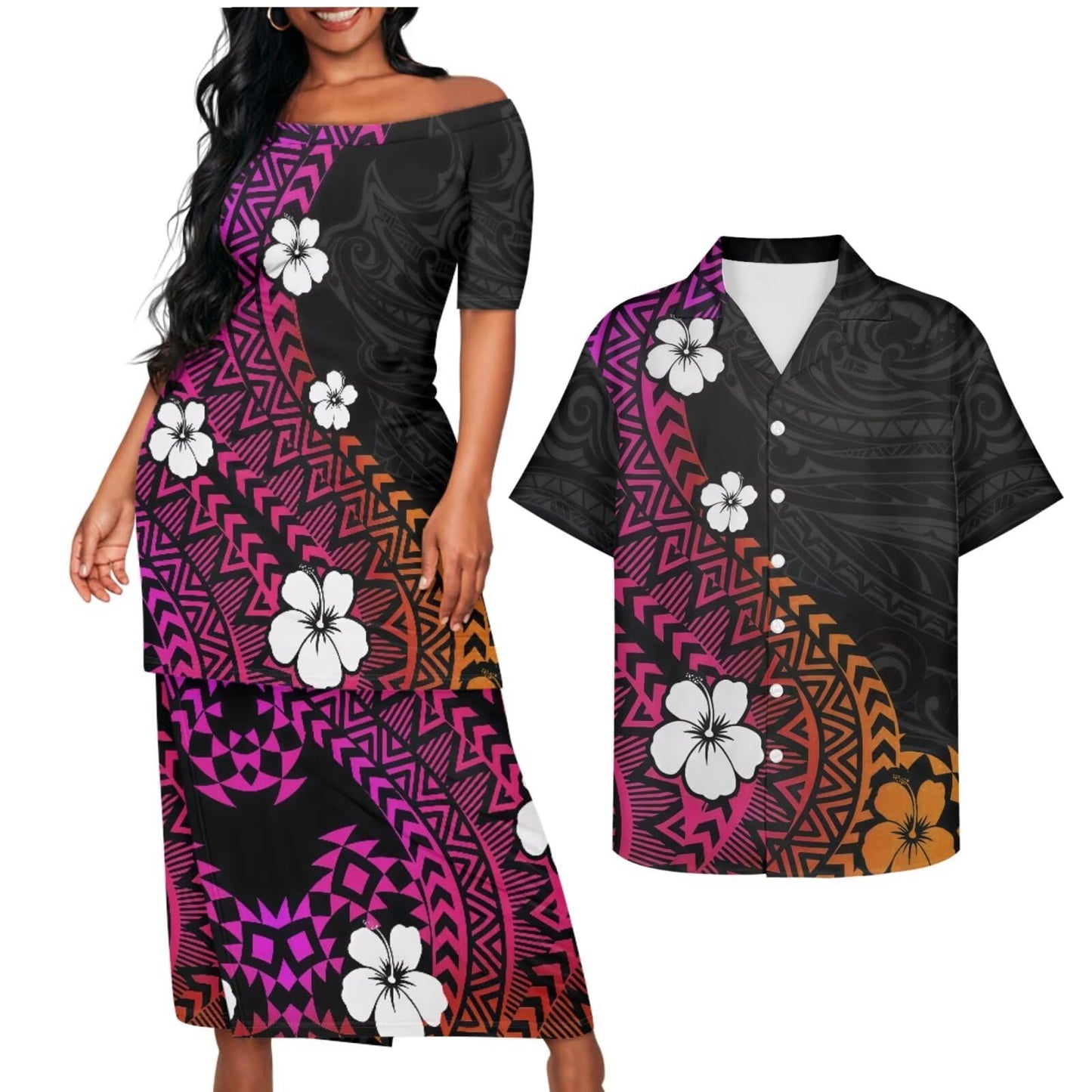 Samoa Couple Outfit Puletasi Samoa Dress Polynesian Shirts for Men Puletasi Samoan Traditional Dress Hawaiian - Hawaiian Flair