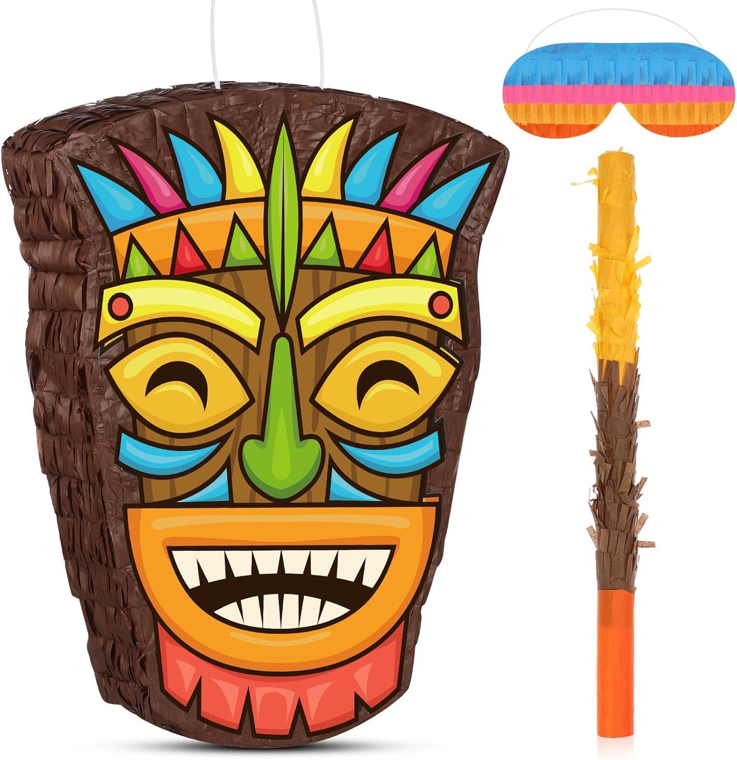 Threan Small Tiki Tropical Hawaii Piñata with Blindfold Bat Aloha Luau Piñata for Hawaiian Luau Themed Party Decoration Summer Birthday Party Supplies, 15.7 x 3.1 x 12.2 Inch