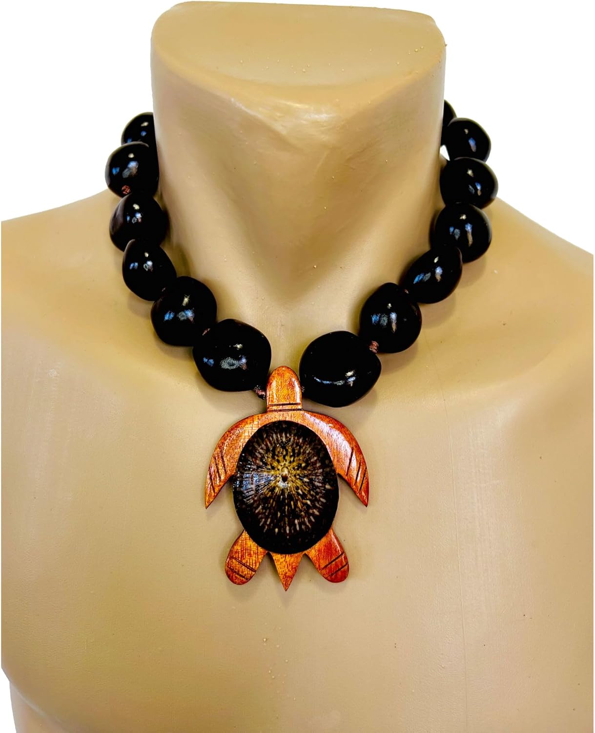 Hawaiian Jewelry 20" Brown Kukui Nut Choker Lei Necklace with Opihi Shell on Koa Wood Turtle Honu