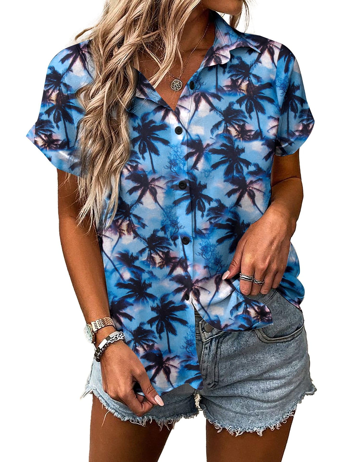 Women Hawaiian Shirt Soft Cool Summer Hawaii Tshirts Beach Tropic Print V Neck Button up Tops Floral Short Sleeve Tops - Hawaiian Flair