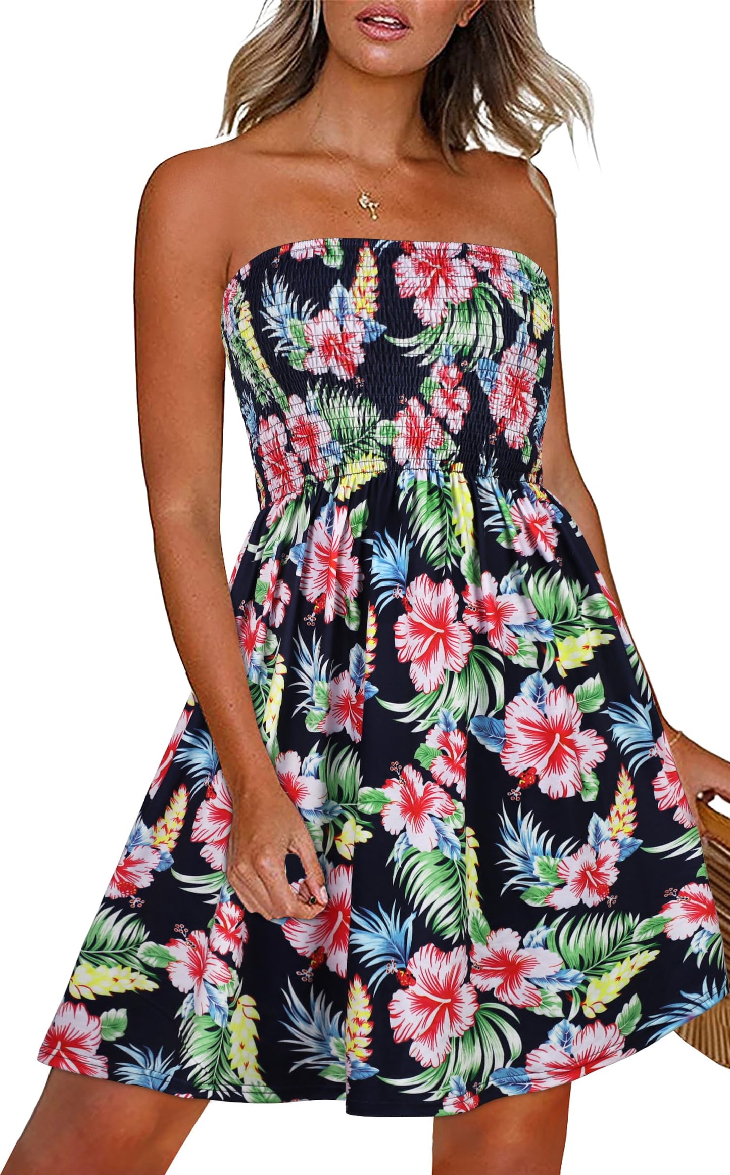 CHICGAL Summer Dresses for Women Beach Cover Ups Strapless Boho Floral Print Sundress - Hawaiian Flair
