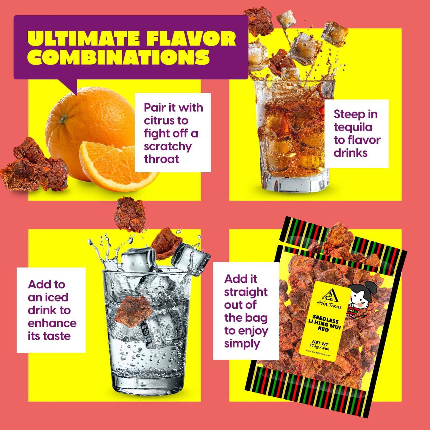 Asia Trans Seeded Red Li Hing Mui Crack Seed Plums - Hawaiian Favorite - Sweet, Sour, & Salty Dried Asian Plum - Hawaiian Flair