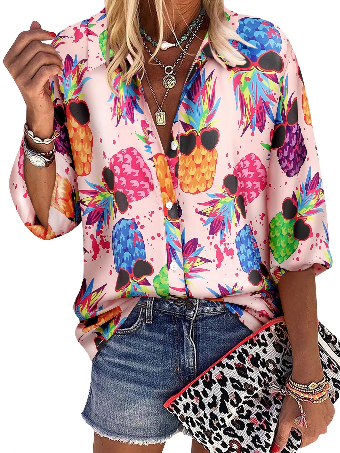 ZXZY Women Pineapple Printed Lapel Collar Half Sleeves Buttons Down Blouse Shirt - Hawaiian Flair