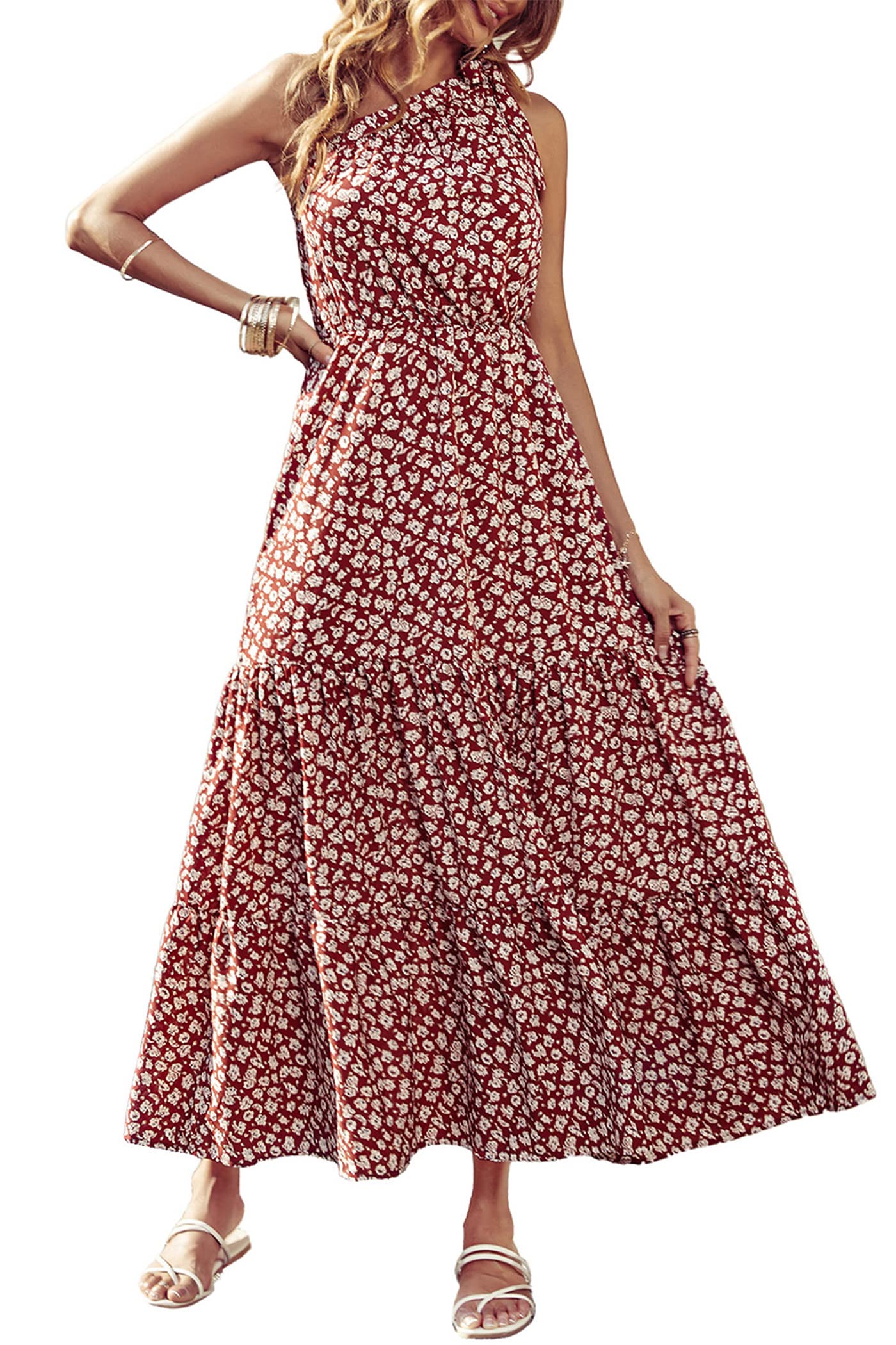 PRETTYGARDEN Women's Summer Floral Maxi Dress Knot One Shoulder Sleeveless Ruffle Flowy Boho Beach Wedding Guest Dresses - Hawaiian Flair