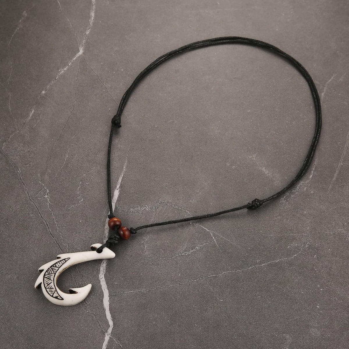 HZMAN Hawaiian Fish Hook Pendant Hemp Cord Chain - Maori Tribal Necklace