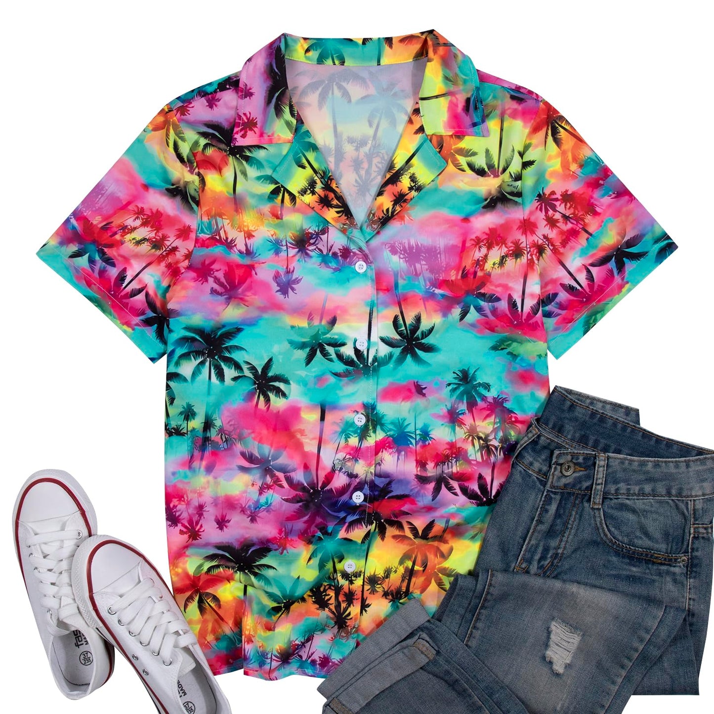 Women Hawaiian Shirt Soft Cool Summer Hawaii Tshirts Beach Tropic Print V Neck Button up Tops Floral Short Sleeve Tops - Hawaiian Flair