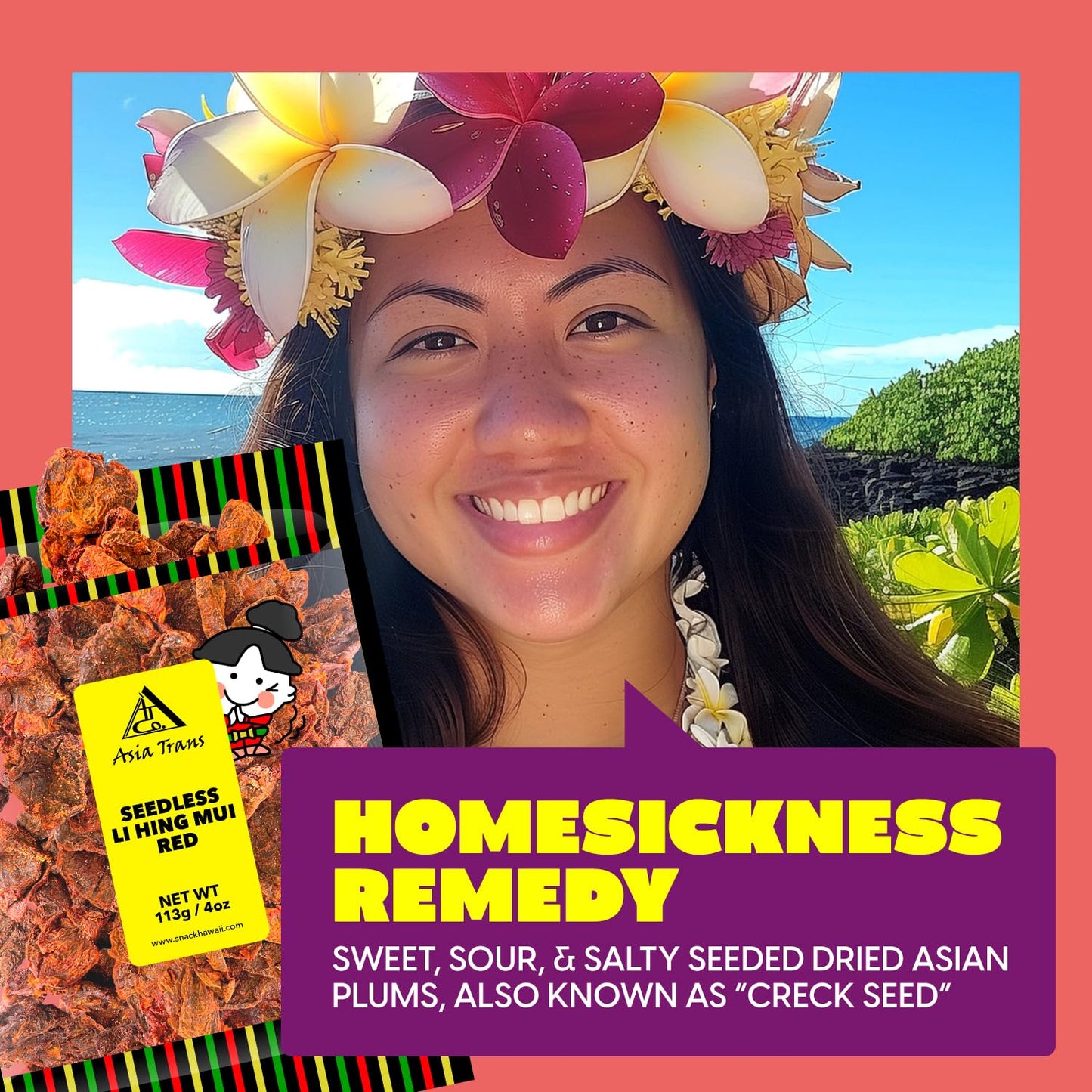 Asia Trans Seeded Red Li Hing Mui Crack Seed Plums - Hawaiian Favorite - Sweet, Sour, & Salty Dried Asian Plum - Hawaiian Flair