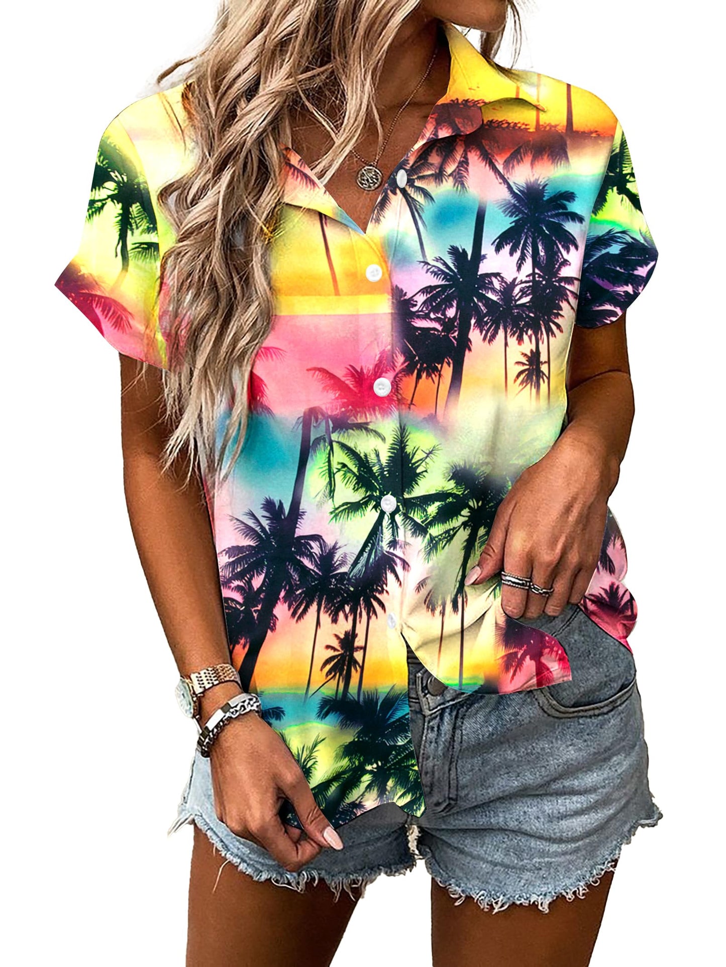 Women Hawaiian Shirt Soft Cool Summer Hawaii Tshirts Beach Tropic Print V Neck Button up Tops Floral Short Sleeve Tops - Hawaiian Flair