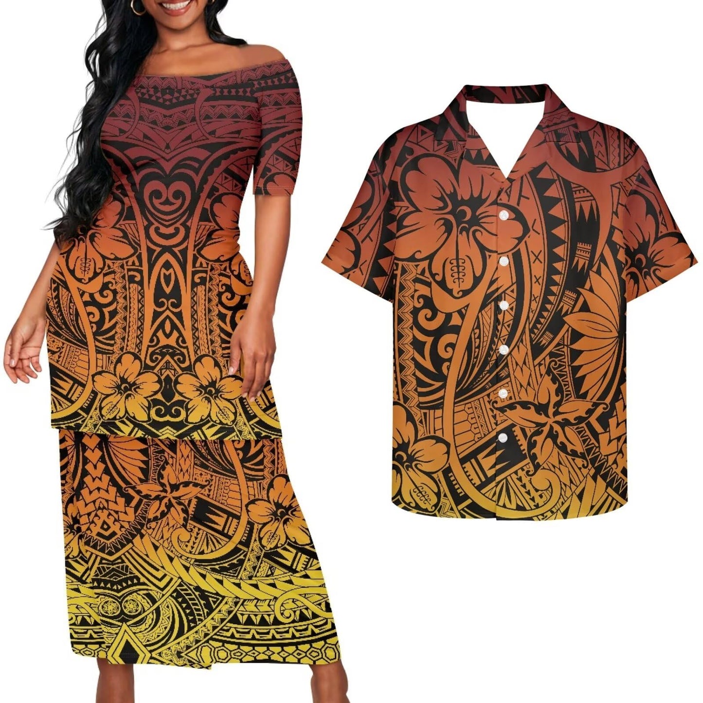 Samoa Couple Outfit Puletasi Samoa Dress Polynesian Shirts for Men Puletasi Samoan Traditional Dress Hawaiian - Hawaiian Flair