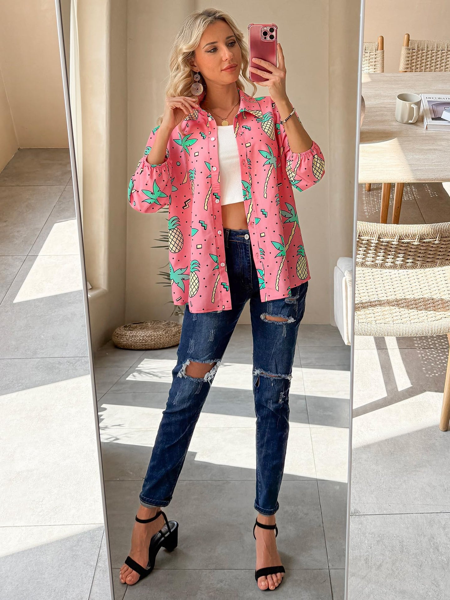 ZXZY Women Pineapple Printed Lapel Collar Half Sleeves Buttons Down Blouse Shirt - Hawaiian Flair