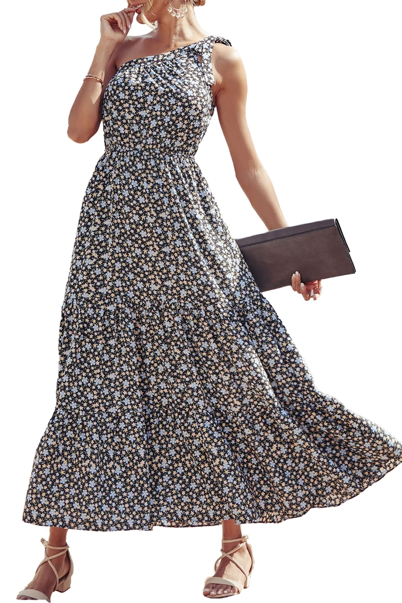 PRETTYGARDEN Women's Summer Floral Maxi Dress Knot One Shoulder Sleeveless Ruffle Flowy Boho Beach Wedding Guest Dresses - Hawaiian Flair