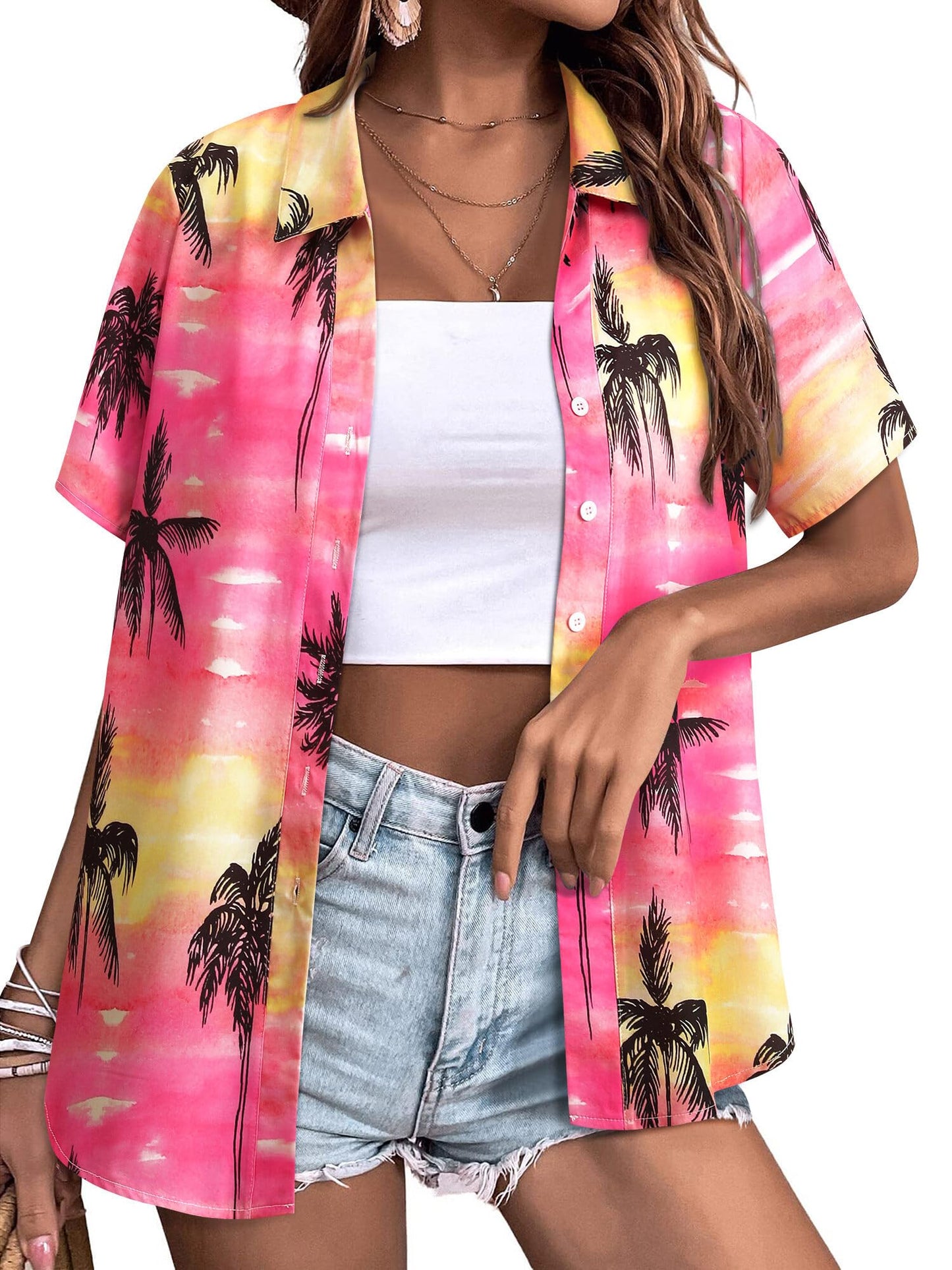 Womens Button Down Hawaiian Shirts Short Sleeve Floral Print Summer V Neck T-Shirt Casual Summer Beach Blouses Tops - Hawaiian Flair