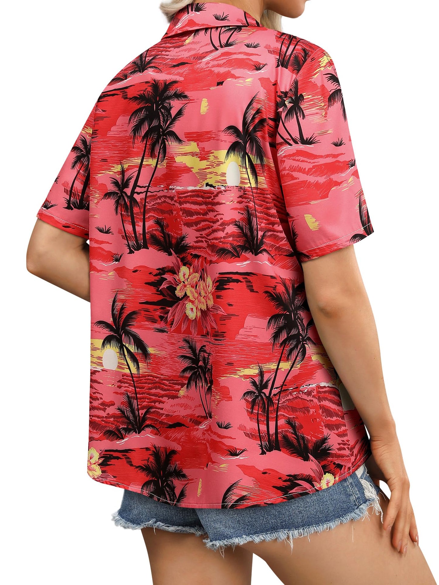 Womens Button Down Hawaiian Shirts Short Sleeve Floral Print Summer V Neck T-Shirt Casual Summer Beach Blouses Tops - Hawaiian Flair