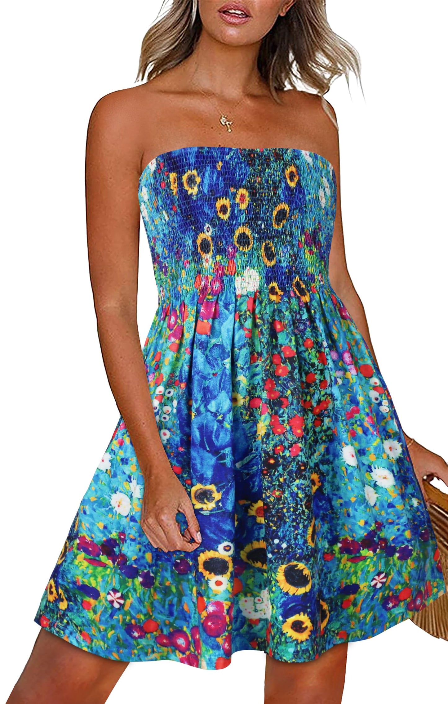 CHICGAL Summer Dresses for Women Beach Cover Ups Strapless Boho Floral Print Sundress - Hawaiian Flair