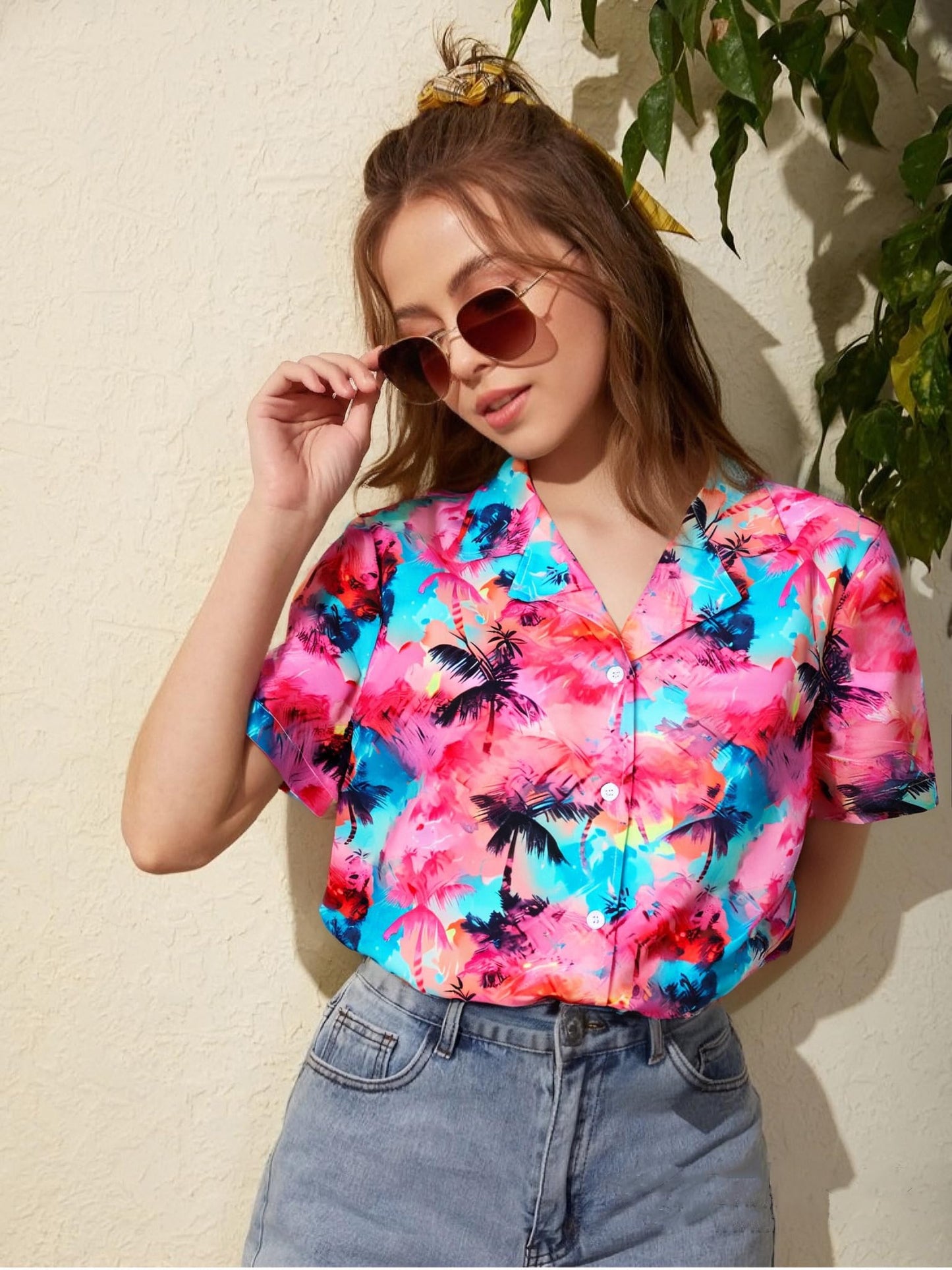 Women Hawaiian Shirt Soft Cool Summer Hawaii Tshirts Beach Tropic Print V Neck Button up Tops Floral Short Sleeve Tops - Hawaiian Flair