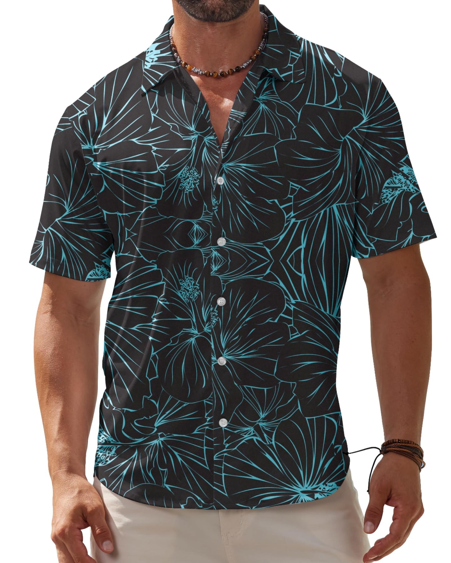 BOJIN Men's Hawaiian Wrinkle Free Short Sleeve Button Down Tropical Floral Beach Vacation Shirt - Hawaiian Flair