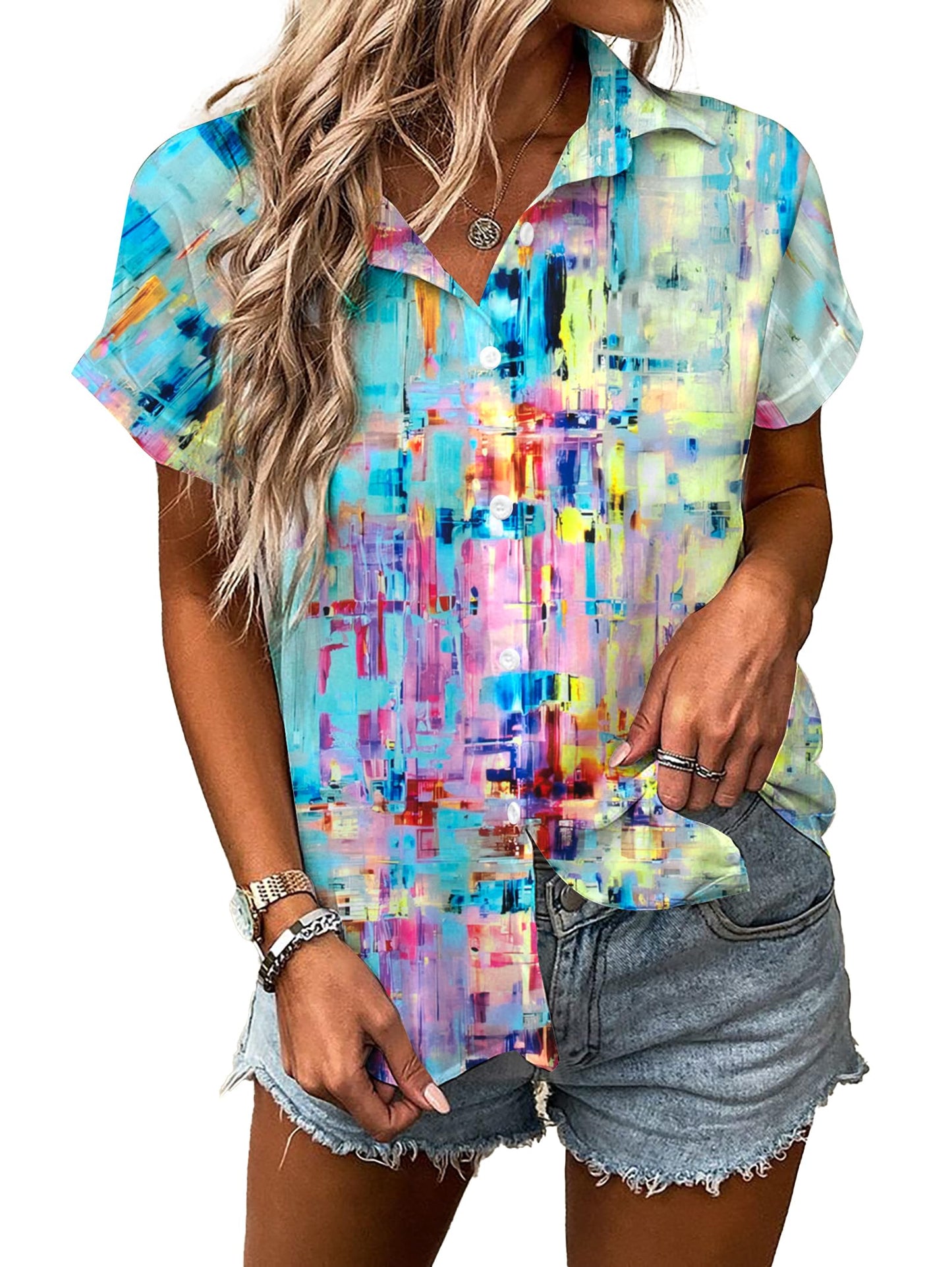 Women Hawaiian Shirt Soft Cool Summer Hawaii Tshirts Beach Tropic Print V Neck Button up Tops Floral Short Sleeve Tops - Hawaiian Flair