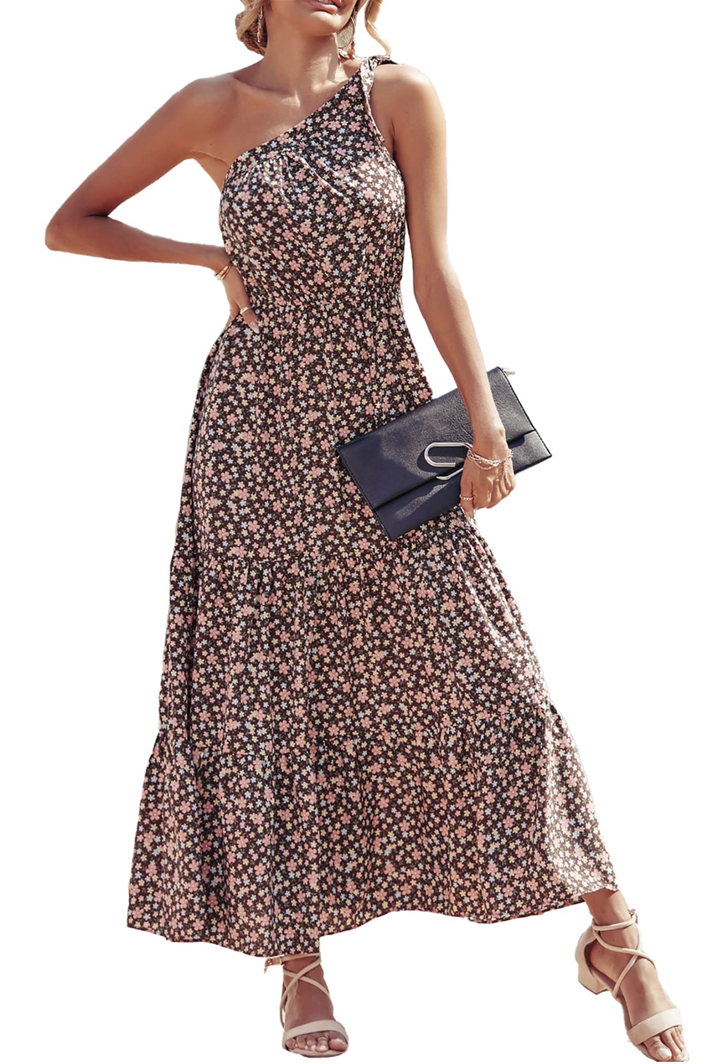 PRETTYGARDEN Women's Summer Floral Maxi Dress Knot One Shoulder Sleeveless Ruffle Flowy Boho Beach Wedding Guest Dresses - Hawaiian Flair