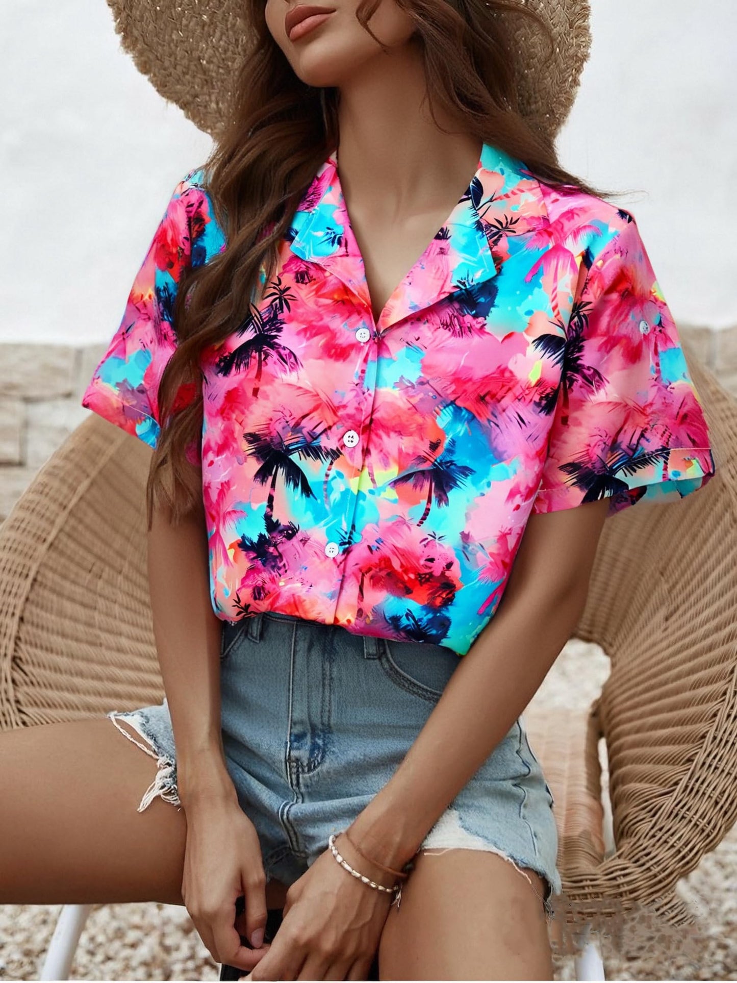 Women Hawaiian Shirt Soft Cool Summer Hawaii Tshirts Beach Tropic Print V Neck Button up Tops Floral Short Sleeve Tops - Hawaiian Flair