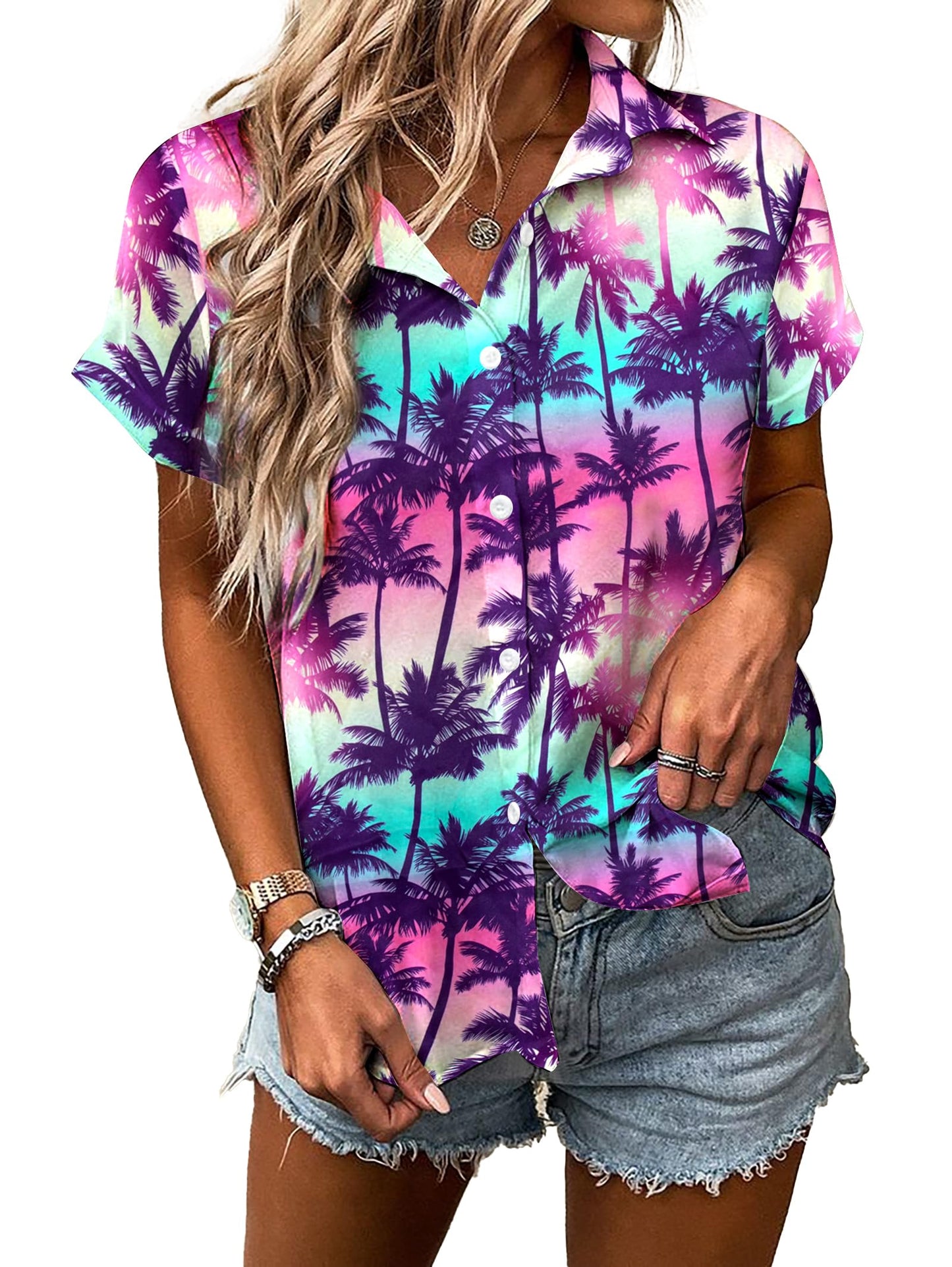 Women Hawaiian Shirt Soft Cool Summer Hawaii Tshirts Beach Tropic Print V Neck Button up Tops Floral Short Sleeve Tops - Hawaiian Flair