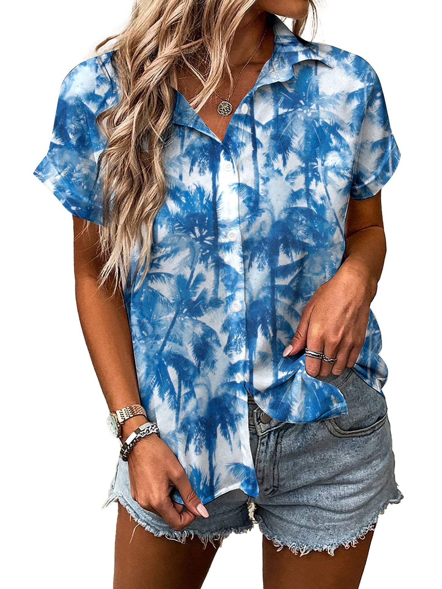 Women Hawaiian Shirt Soft Cool Summer Hawaii Tshirts Beach Tropic Print V Neck Button up Tops Floral Short Sleeve Tops - Hawaiian Flair
