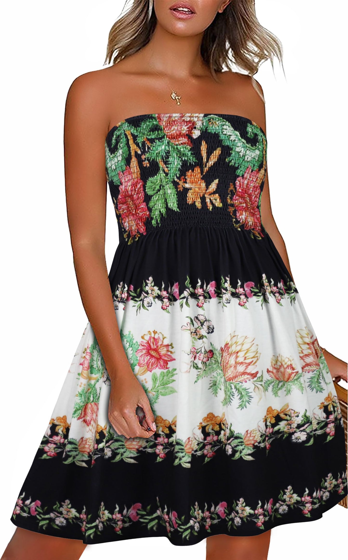 CHICGAL Summer Dresses for Women Beach Cover Ups Strapless Boho Floral Print Sundress - Hawaiian Flair