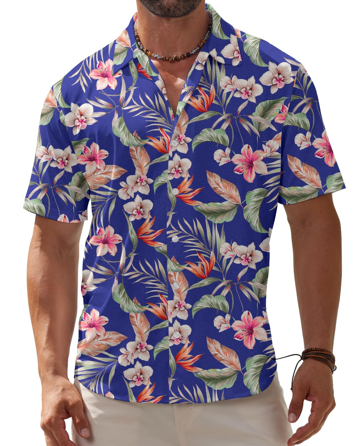 BOJIN Men's Hawaiian Wrinkle Free Short Sleeve Button Down Tropical Floral Beach Vacation Shirt - Hawaiian Flair