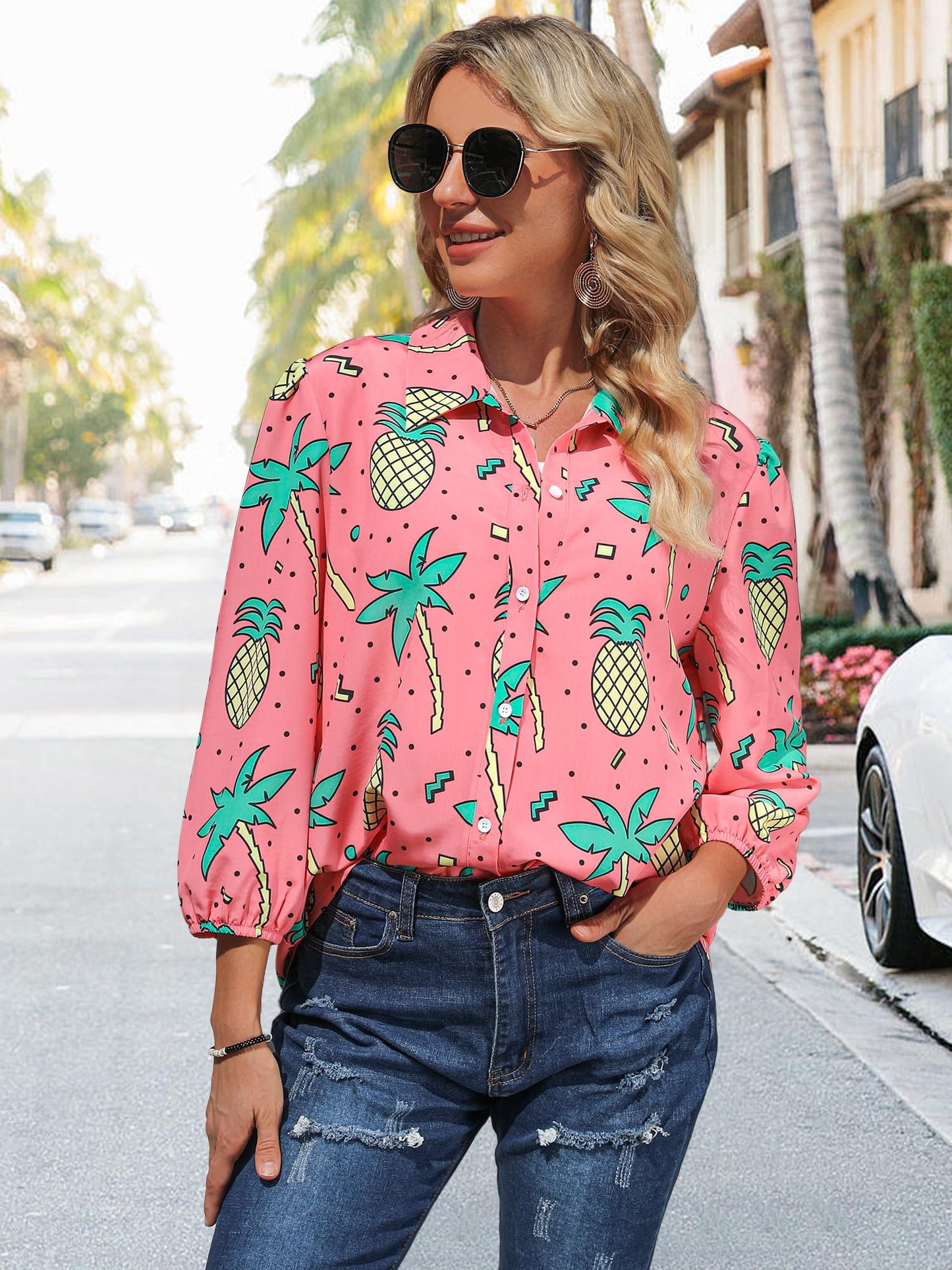 ZXZY Women Pineapple Printed Lapel Collar Half Sleeves Buttons Down Blouse Shirt - Hawaiian Flair