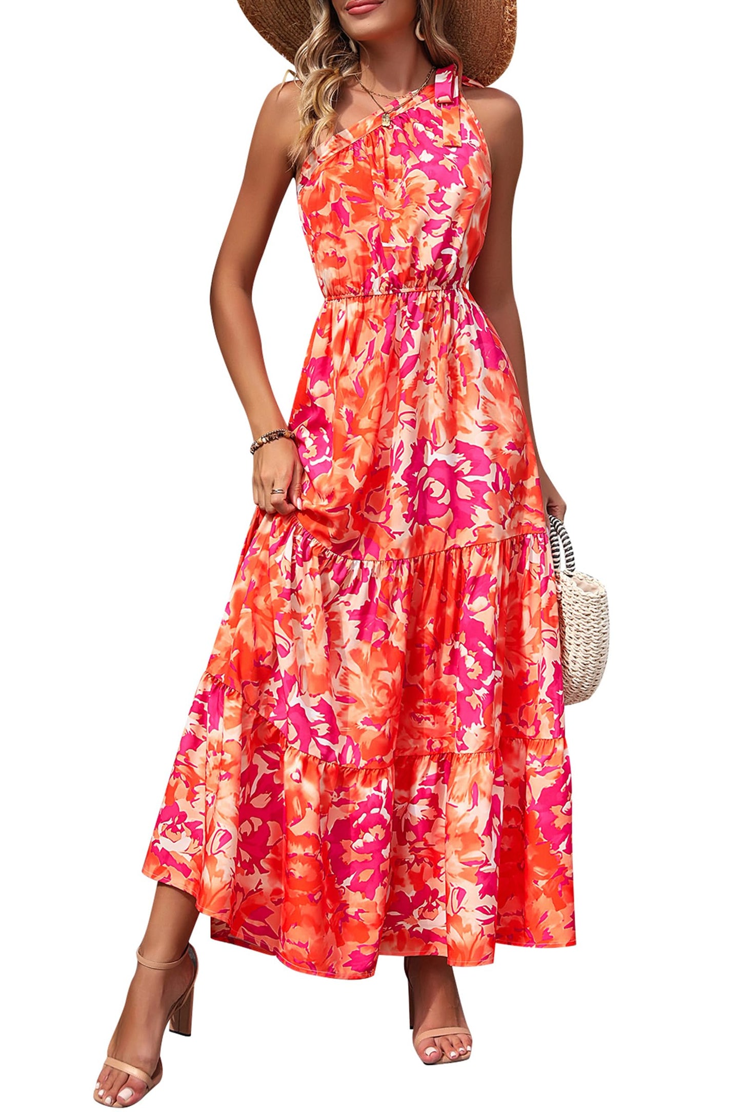 PRETTYGARDEN Women's Summer Floral Maxi Dress Knot One Shoulder Sleeveless Ruffle Flowy Boho Beach Wedding Guest Dresses - Hawaiian Flair