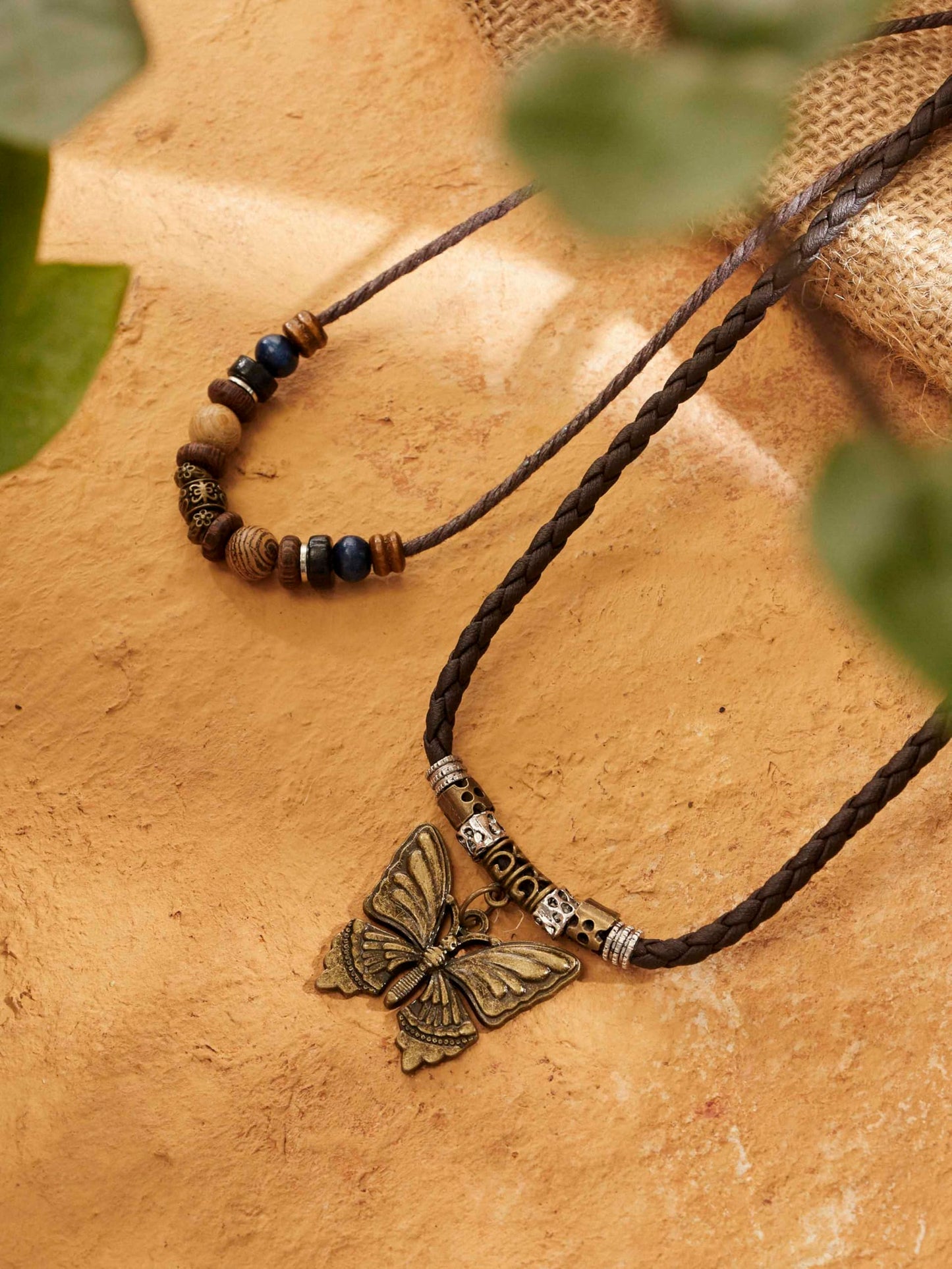 MINACHI Ethnic Boho Colorful Braided Rope Necklace, Multi-Layered, Wooden Beads, Copper Butterfly Pendant, Women's Jewelry
