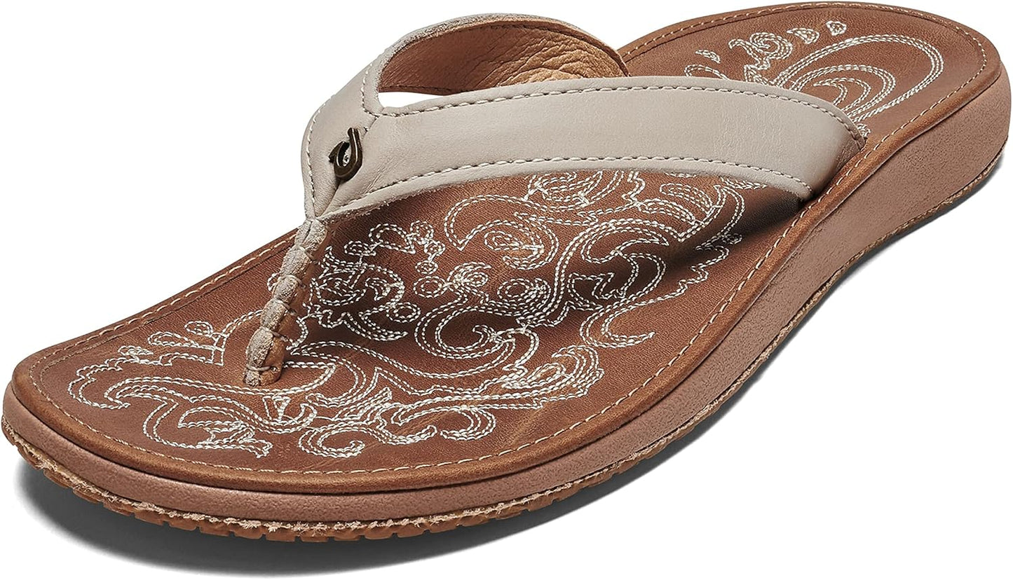 OLUKAI Paniolo Women's Beach Sandals, Distressed Full-Grain Leather Flip-Flop Slides, Wet Grip Soles, Compression Molded Footbed - Hawaiian Flair