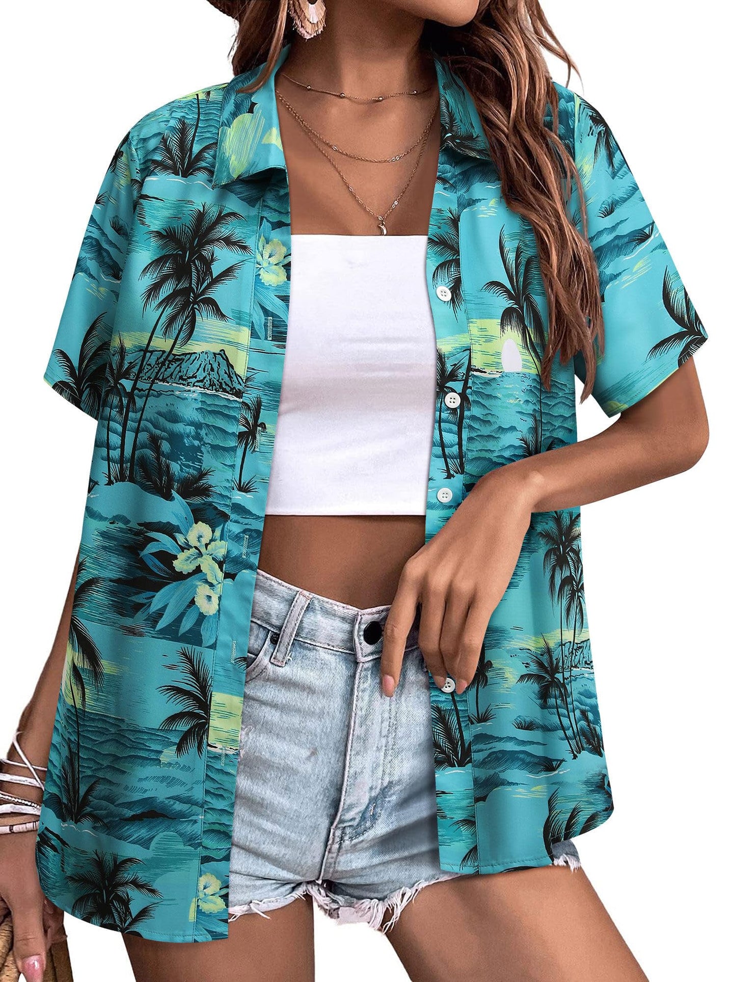 Womens Button Down Hawaiian Shirts Short Sleeve Floral Print Summer V Neck T-Shirt Casual Summer Beach Blouses Tops - Hawaiian Flair