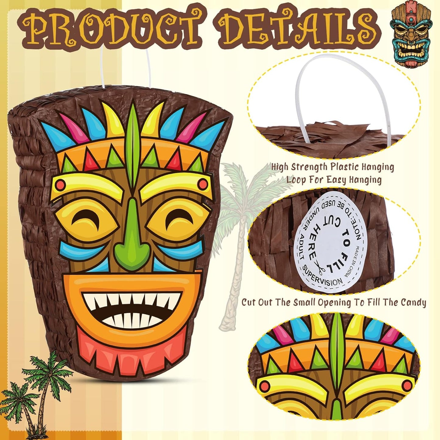 Threan Small Tiki Tropical Hawaii Piñata with Blindfold Bat Aloha Luau Piñata for Hawaiian Luau Themed Party Decoration Summer Birthday Party Supplies, 15.7 x 3.1 x 12.2 Inch