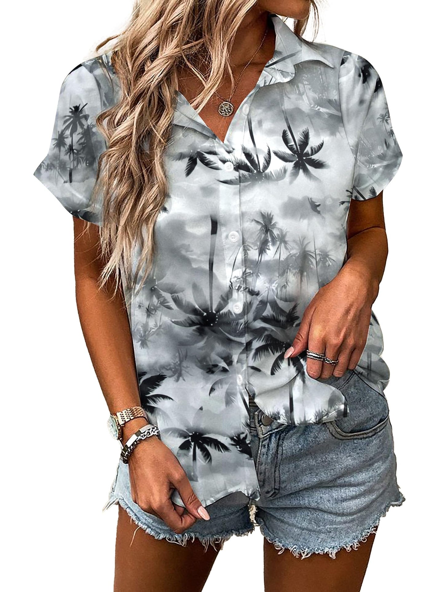 Women Hawaiian Shirt Soft Cool Summer Hawaii Tshirts Beach Tropic Print V Neck Button up Tops Floral Short Sleeve Tops - Hawaiian Flair