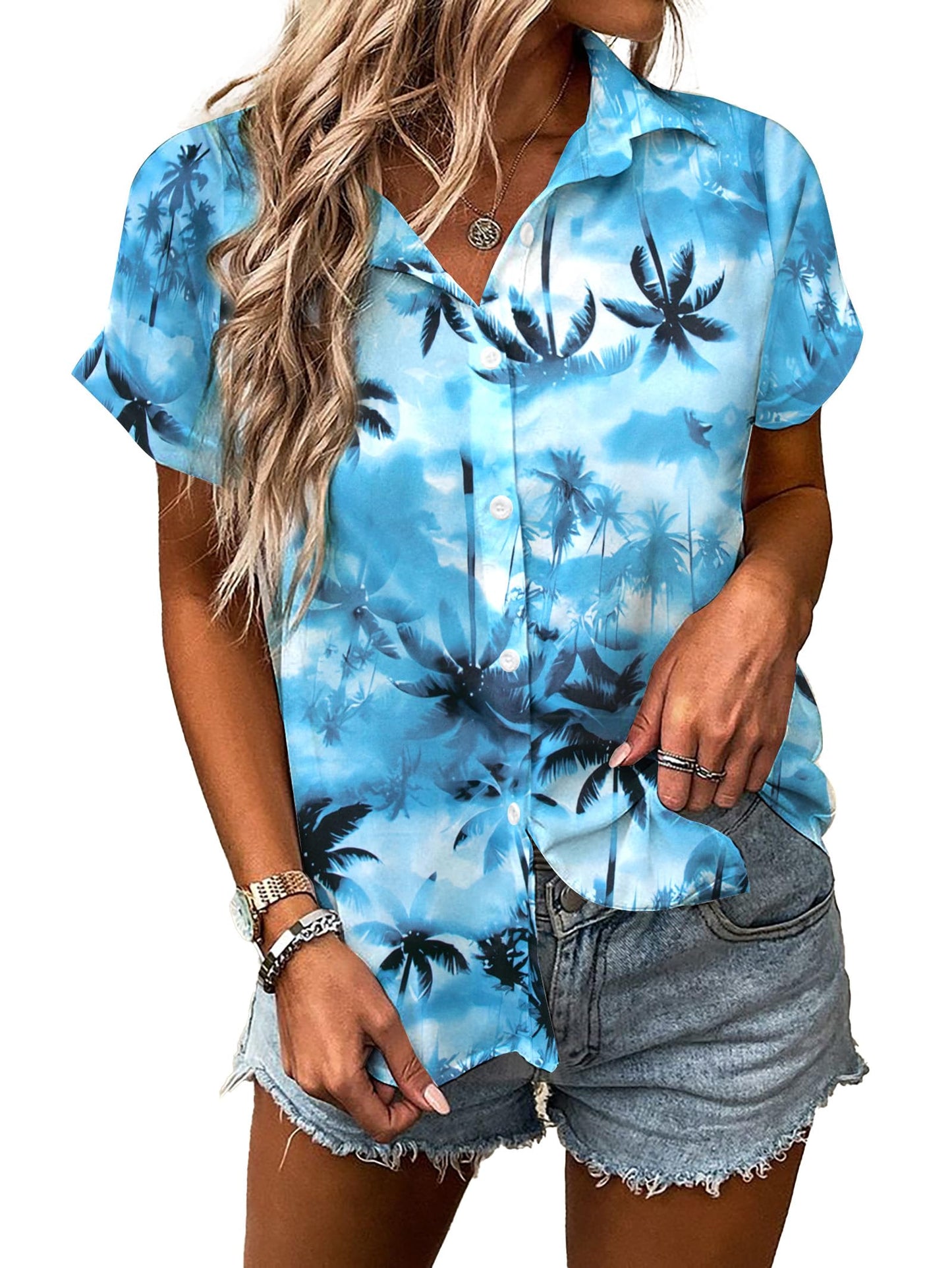 Women Hawaiian Shirt Soft Cool Summer Hawaii Tshirts Beach Tropic Print V Neck Button up Tops Floral Short Sleeve Tops - Hawaiian Flair