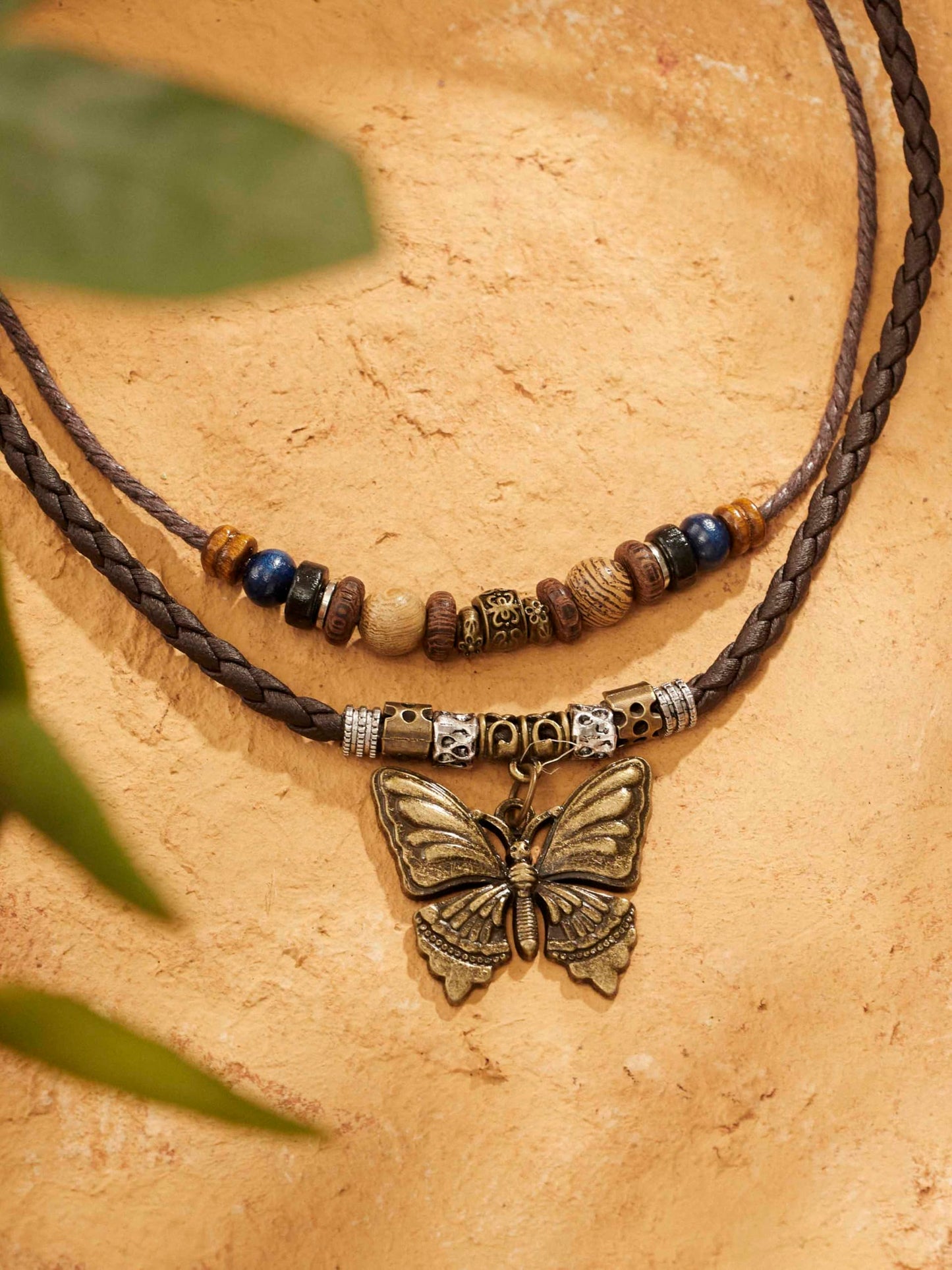 MINACHI Ethnic Boho Colorful Braided Rope Necklace, Multi-Layered, Wooden Beads, Copper Butterfly Pendant, Women's Jewelry