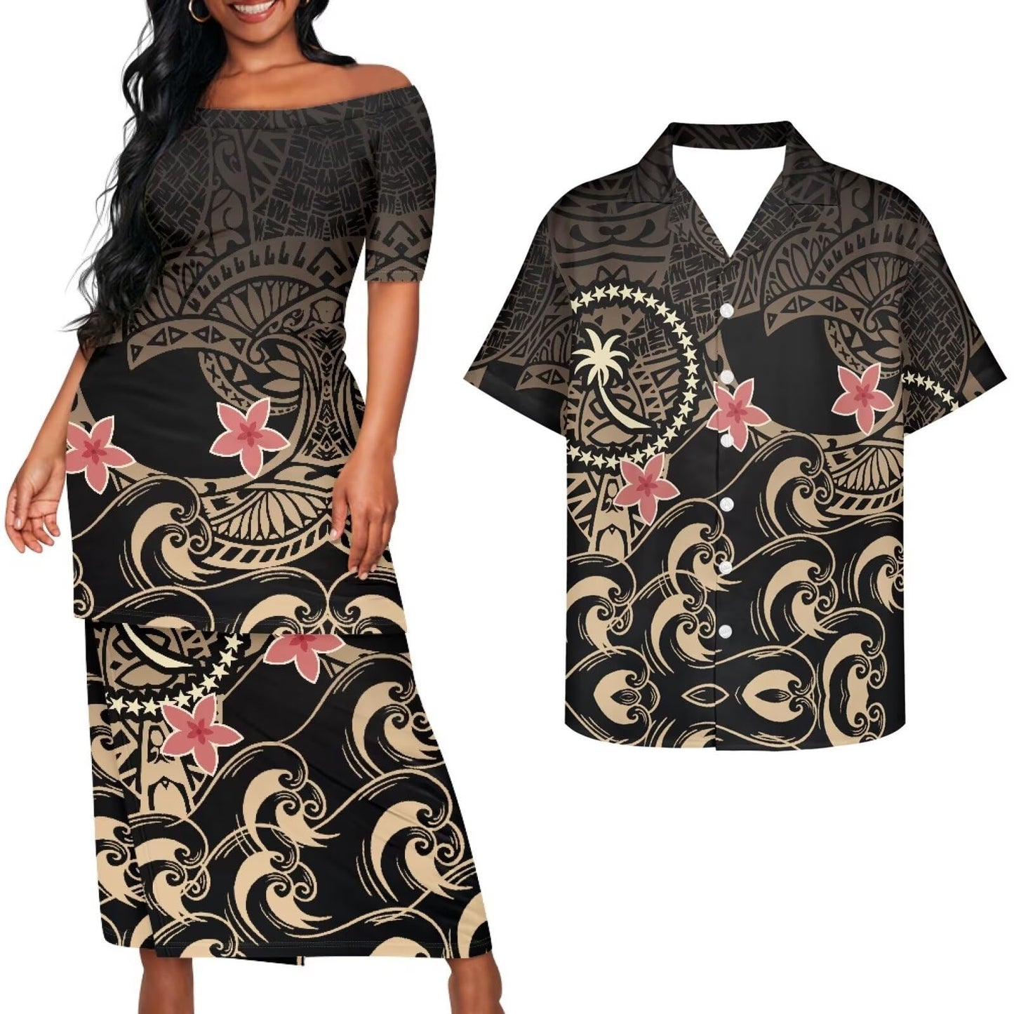 Samoa Couple Outfit Puletasi Samoa Dress Polynesian Shirts for Men Puletasi Samoan Traditional Dress Hawaiian - Hawaiian Flair