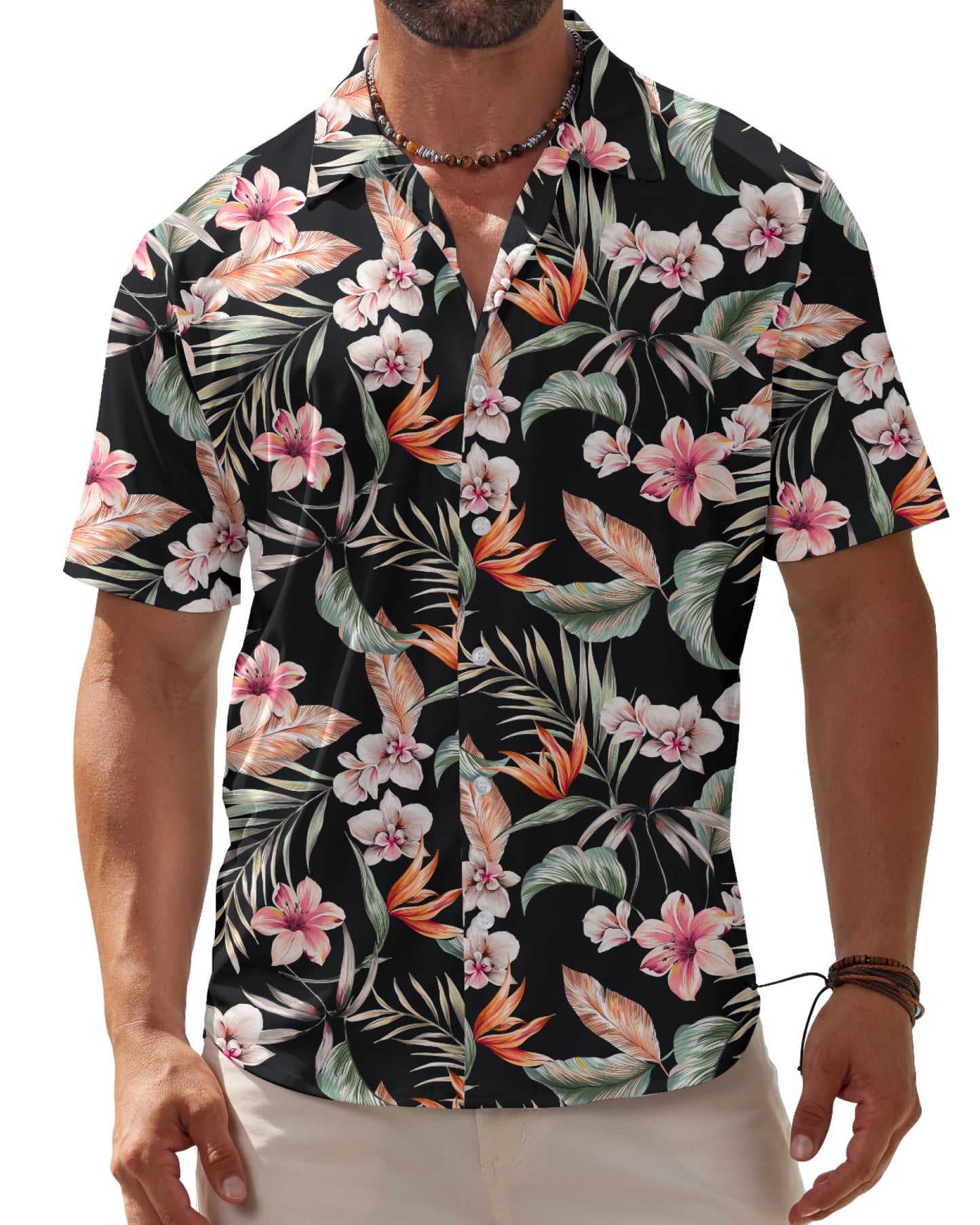 BOJIN Men's Hawaiian Wrinkle Free Short Sleeve Button Down Tropical Floral Beach Vacation Shirt - Hawaiian Flair